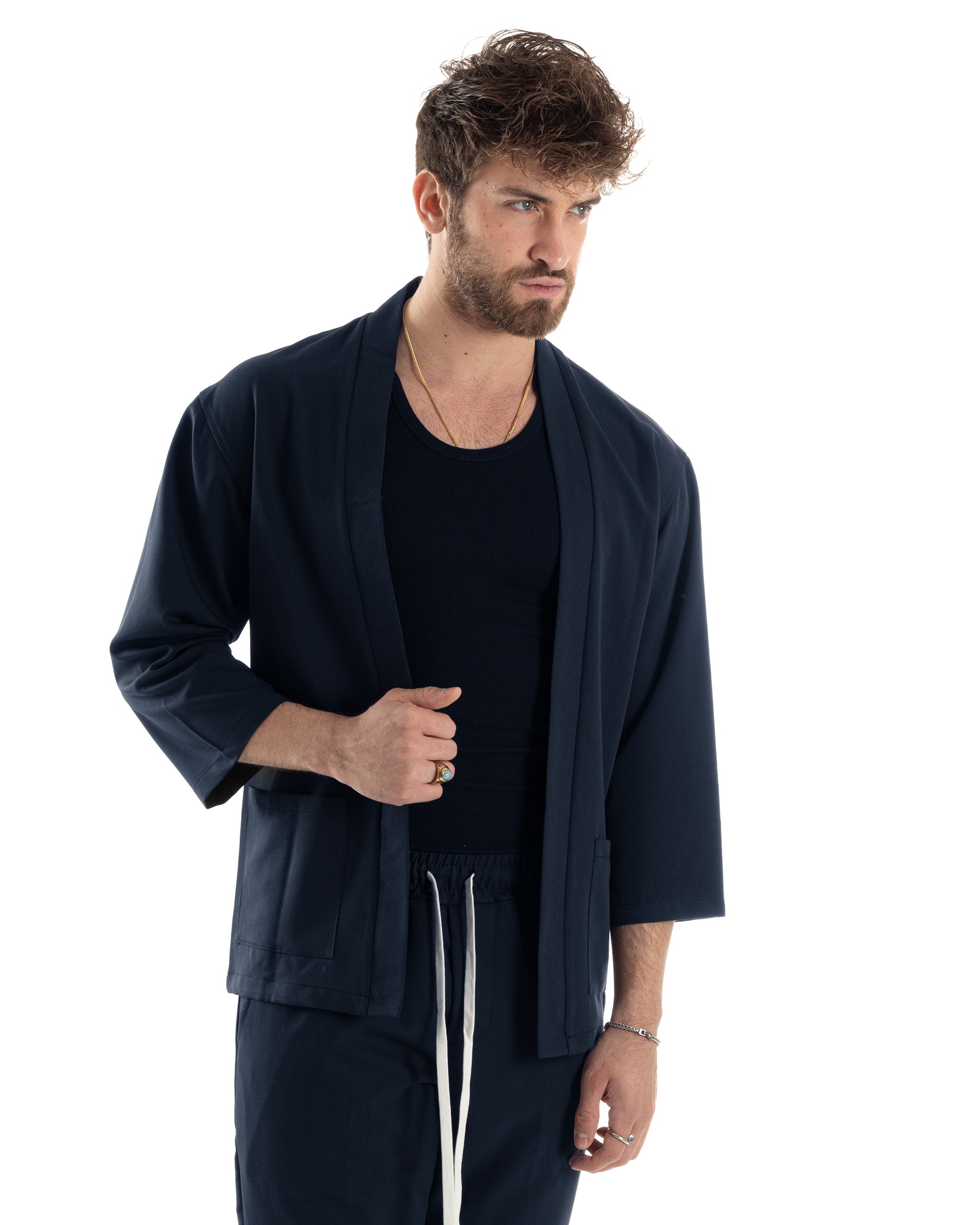 Completo set coordinato uomo giacca kimono pantaloni blu GIOSAL-OU2560A