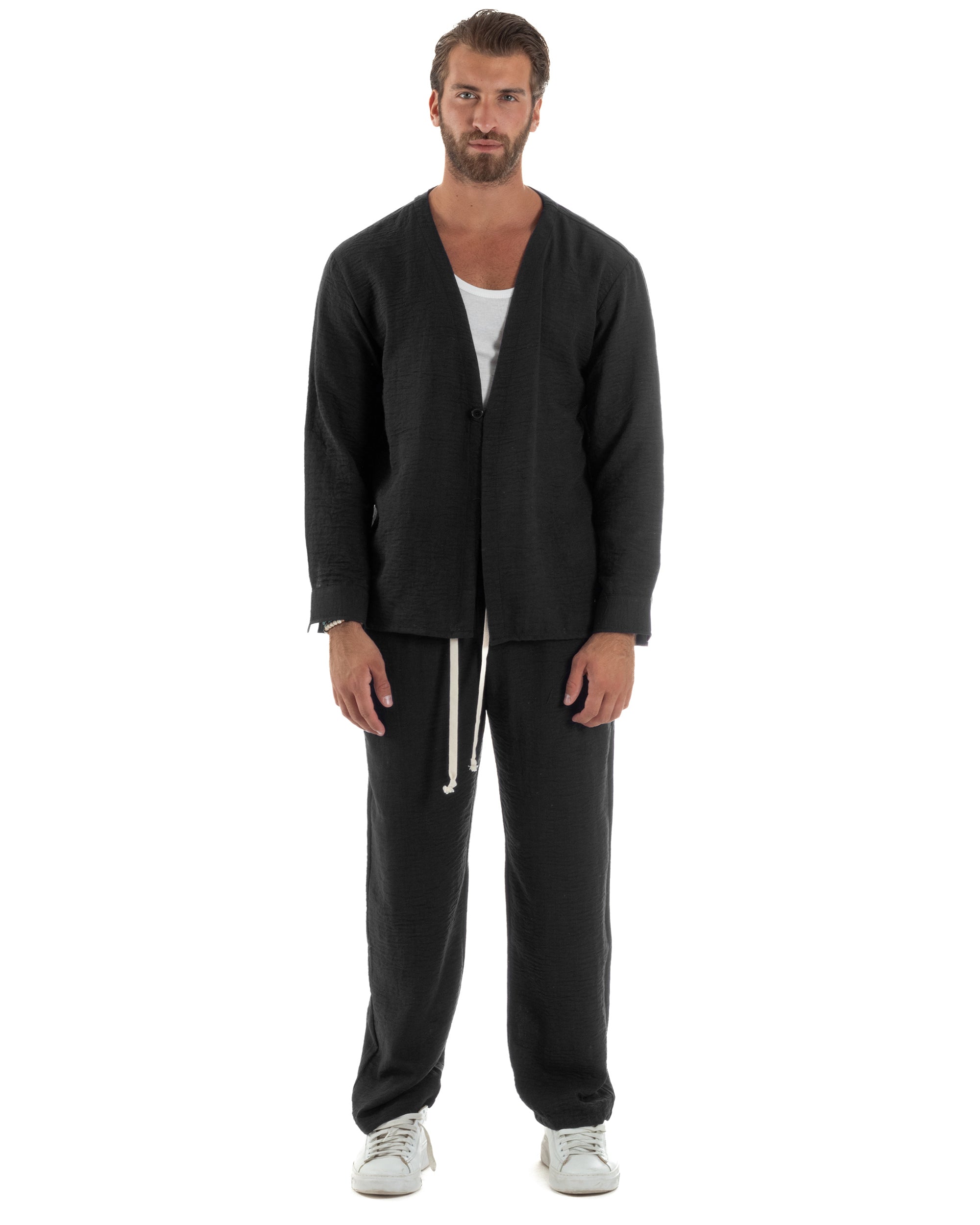 Coordinato viscosa fiammato giacca coreana scollo v pantaloni baggy nero GIOSAL-OU2561A