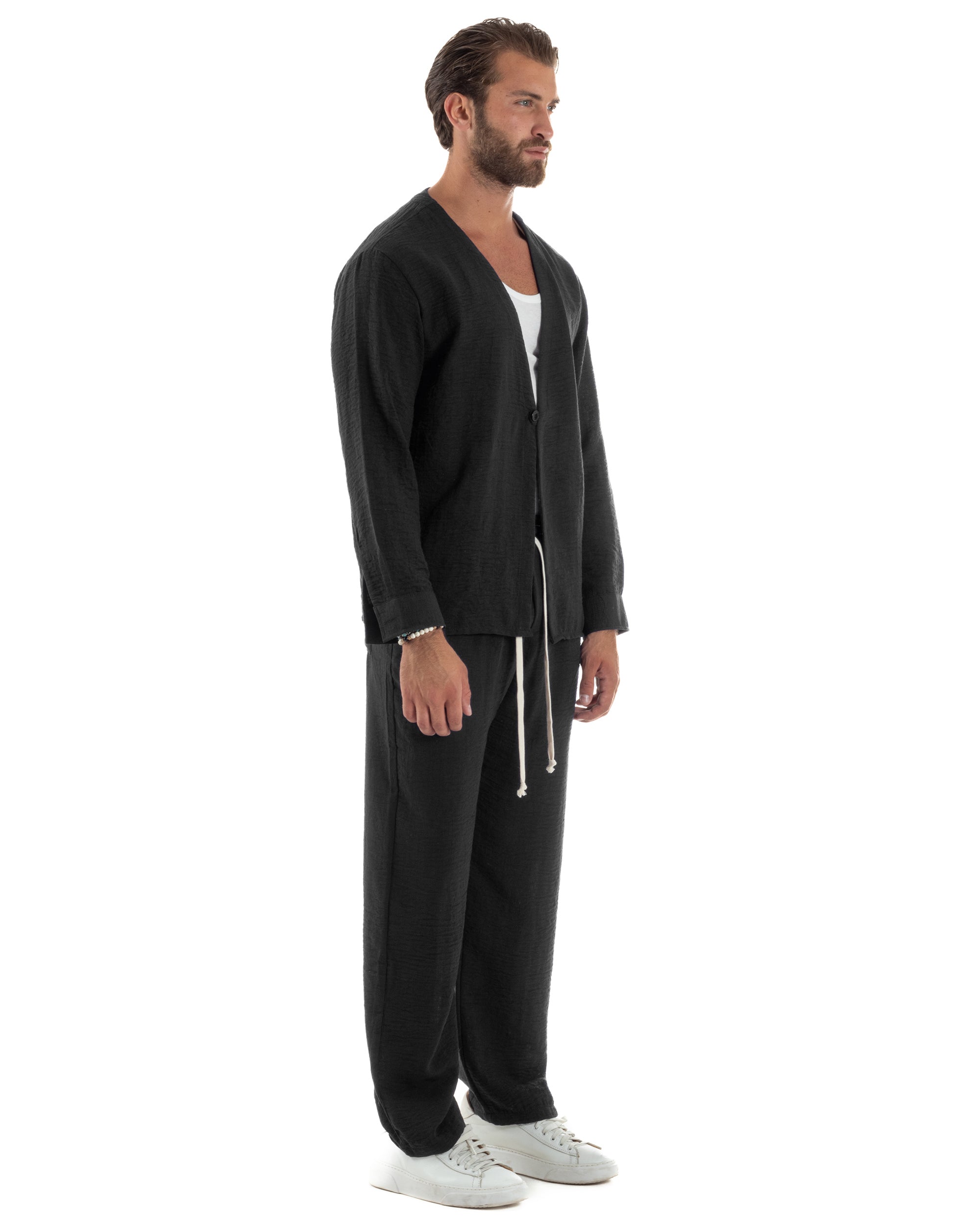 Coordinato viscosa fiammato giacca coreana scollo v pantaloni baggy nero GIOSAL-OU2561A