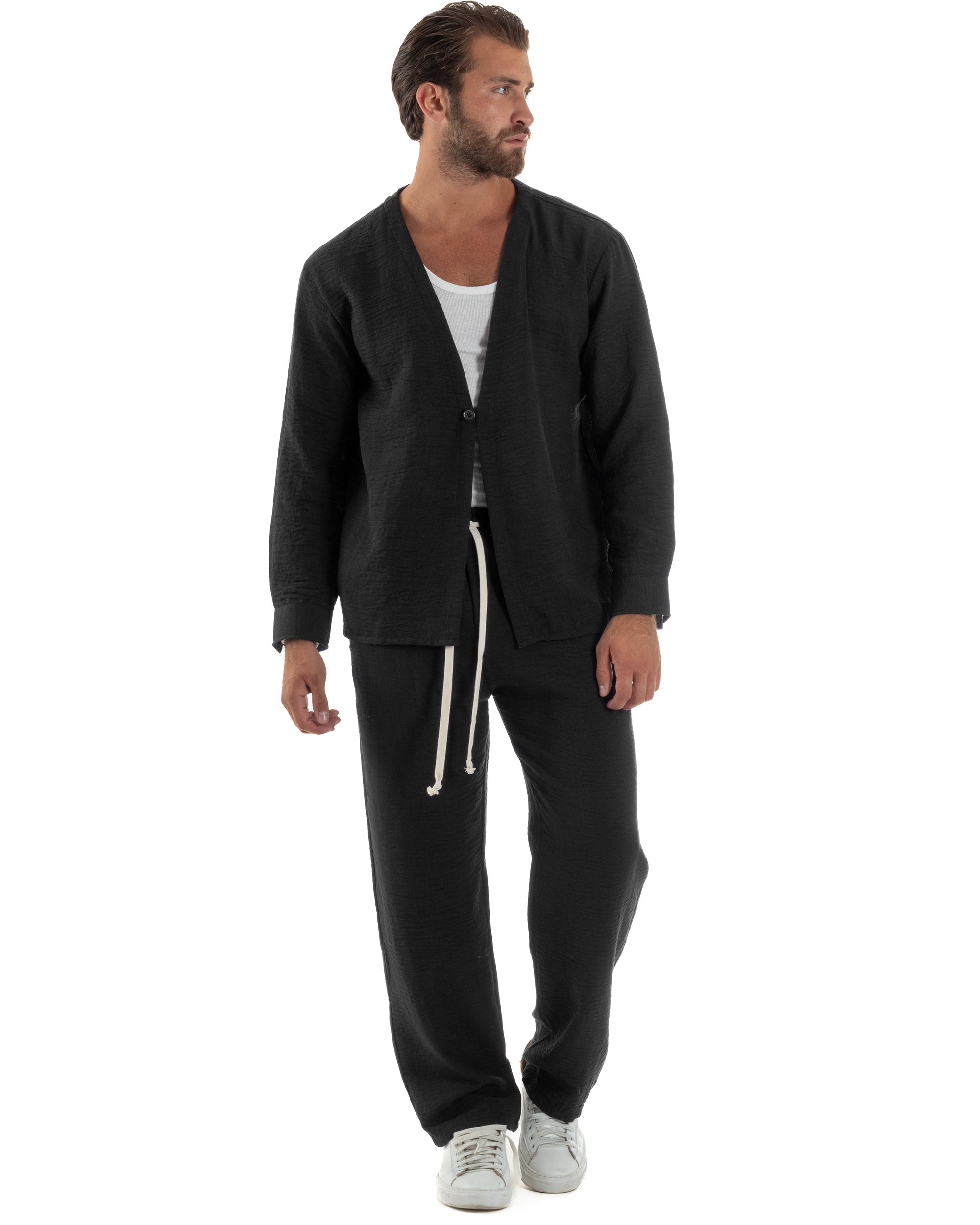 Coordinato viscosa fiammato giacca coreana scollo v pantaloni baggy nero GIOSAL-OU2561A