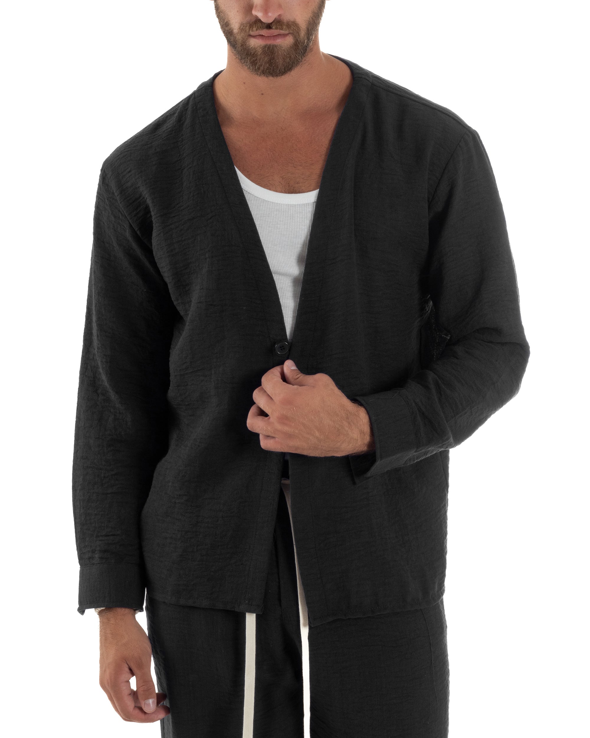 Coordinato viscosa fiammato giacca coreana scollo v pantaloni baggy nero GIOSAL-OU2561A
