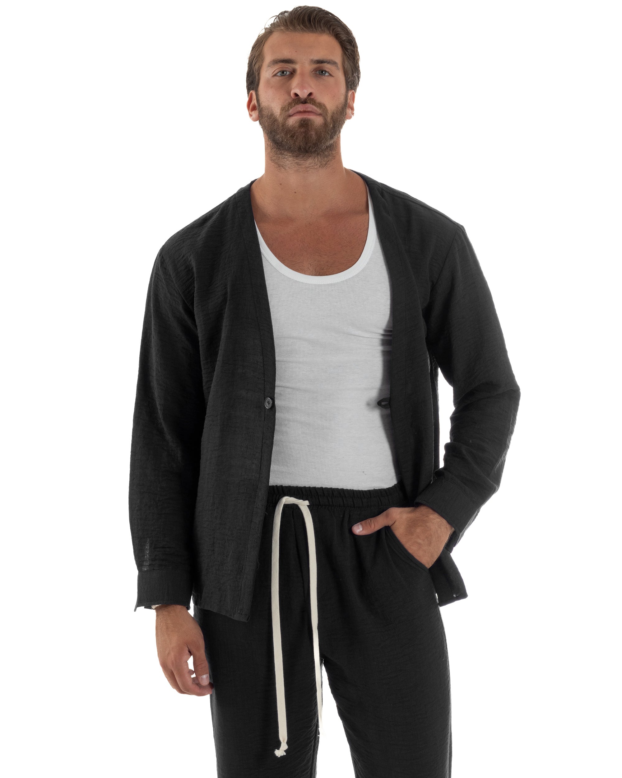 Coordinato viscosa fiammato giacca coreana scollo v pantaloni baggy nero GIOSAL-OU2561A