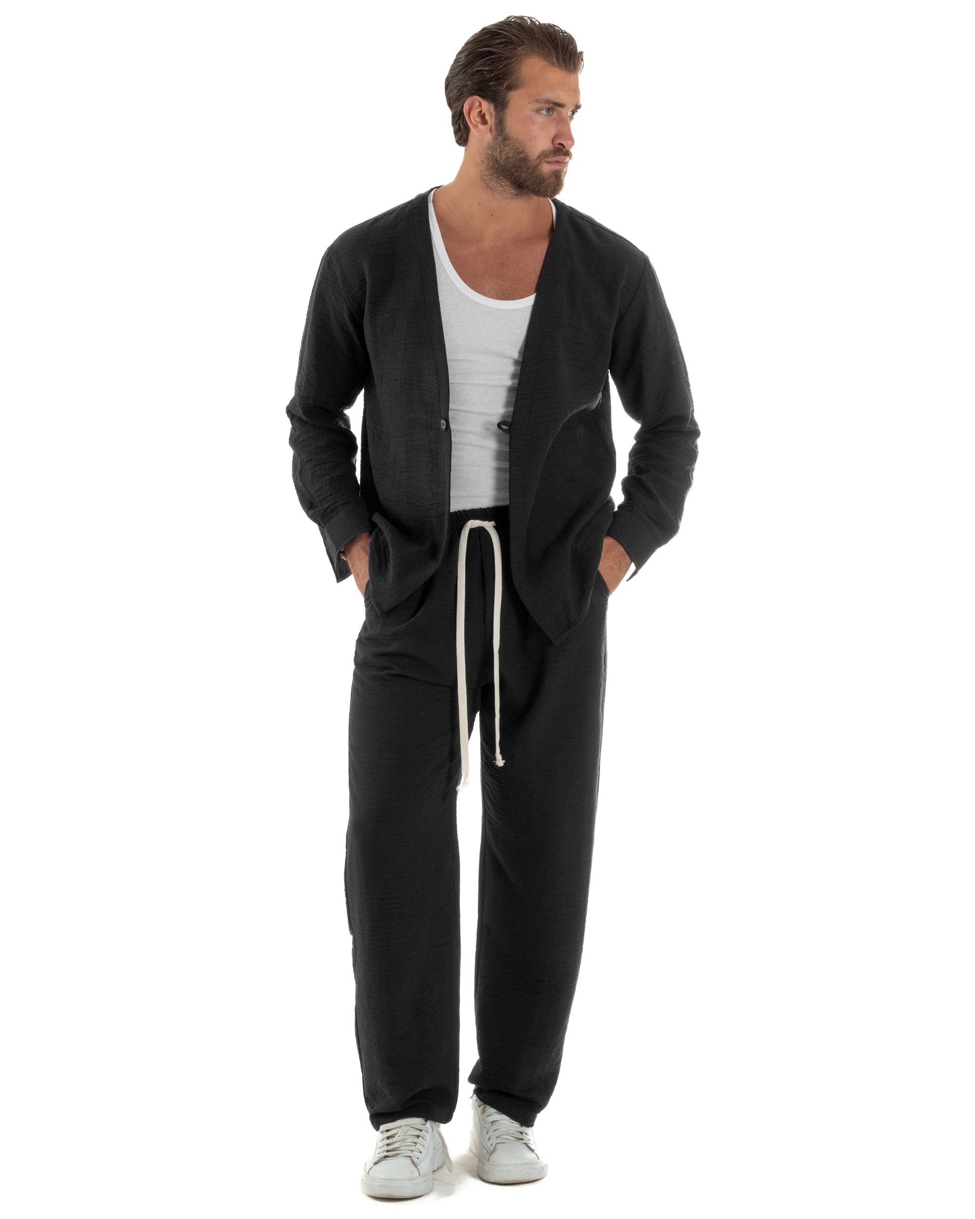 Coordinato viscosa fiammato giacca coreana scollo v pantaloni baggy nero GIOSAL-OU2561A