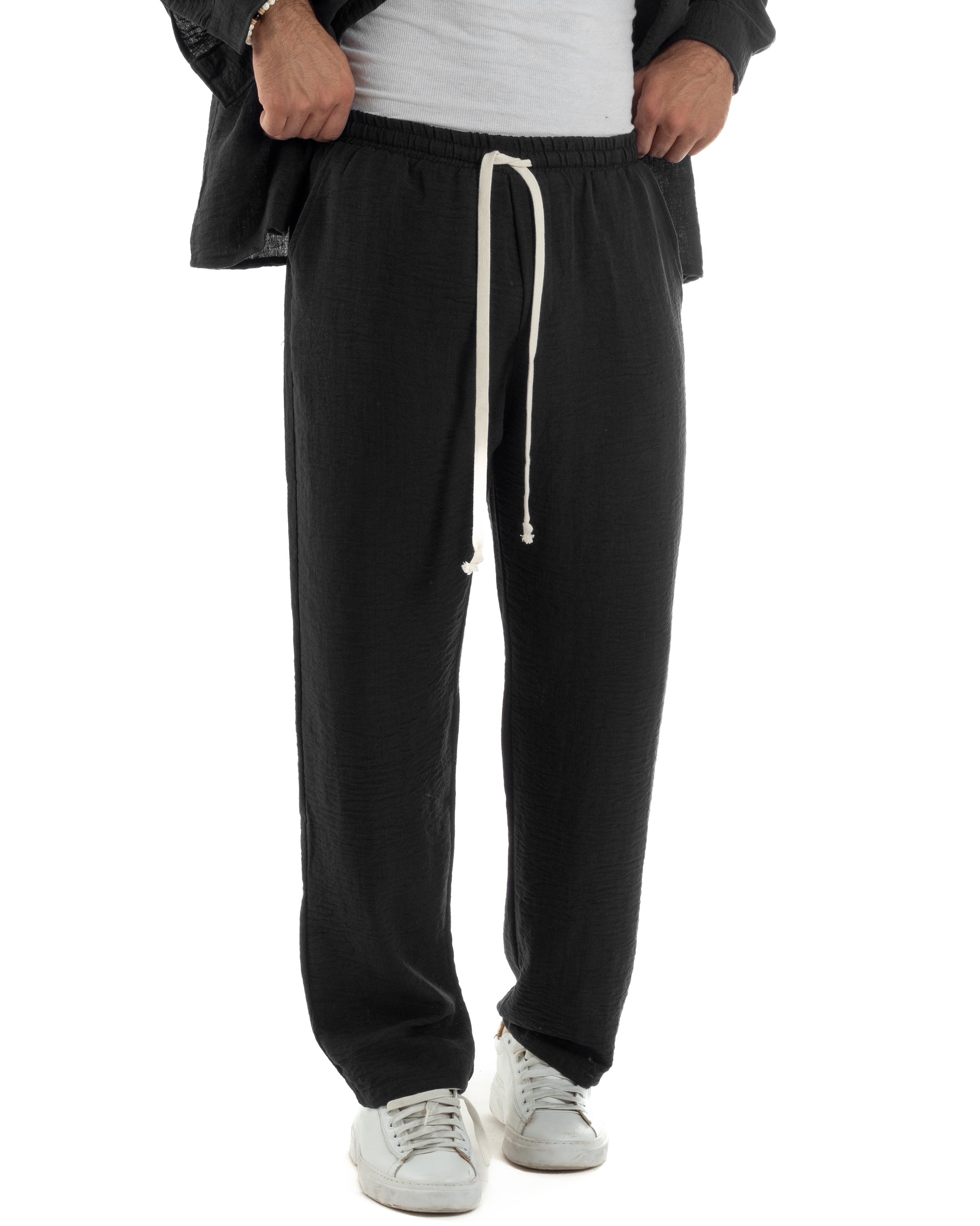 Coordinato viscosa fiammato giacca coreana scollo v pantaloni baggy nero GIOSAL-OU2561A