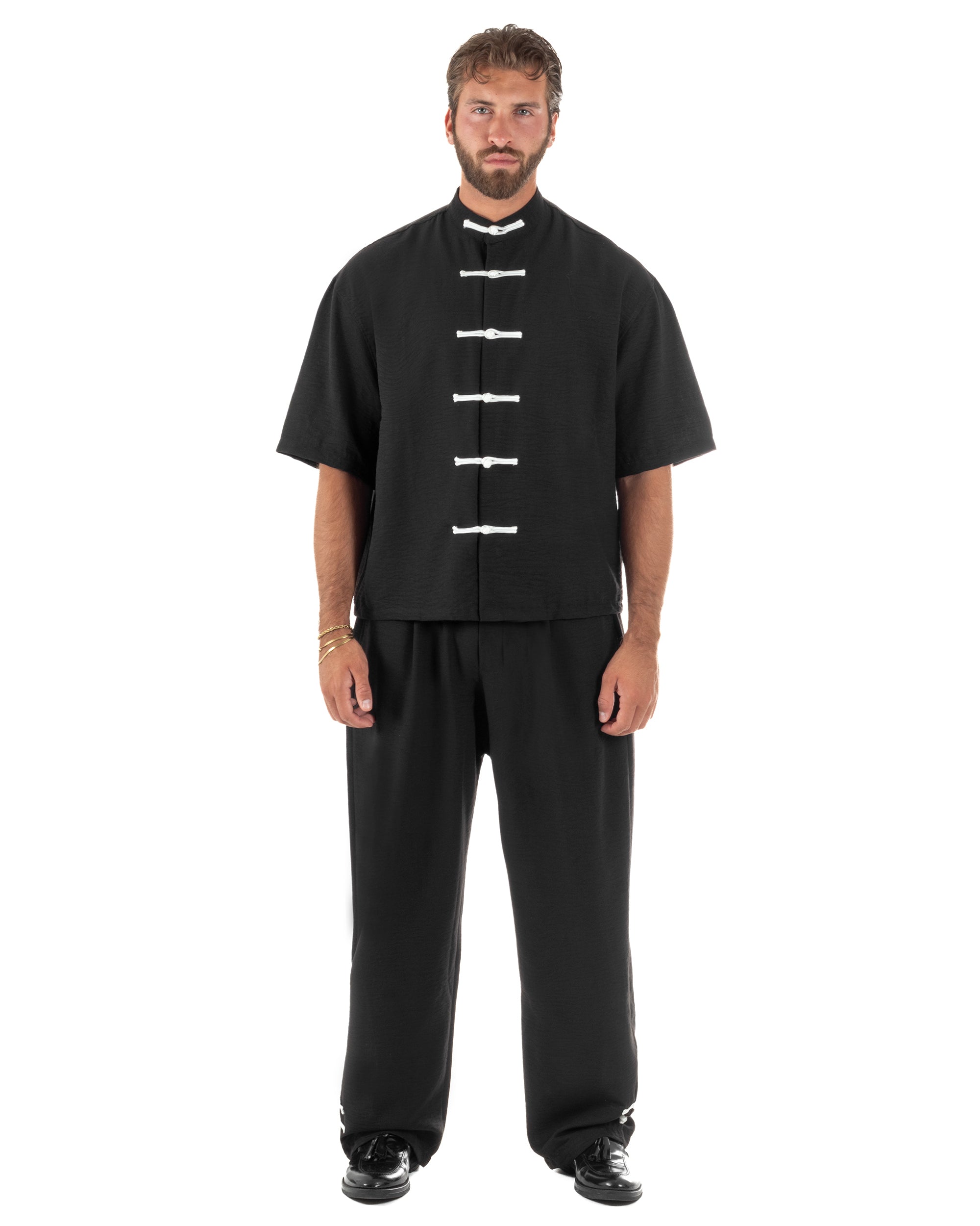 Coordinato uomo completo relaxed camicia coreana orientale pantaloni con coulisse nero GIOSAL-OU2562A
