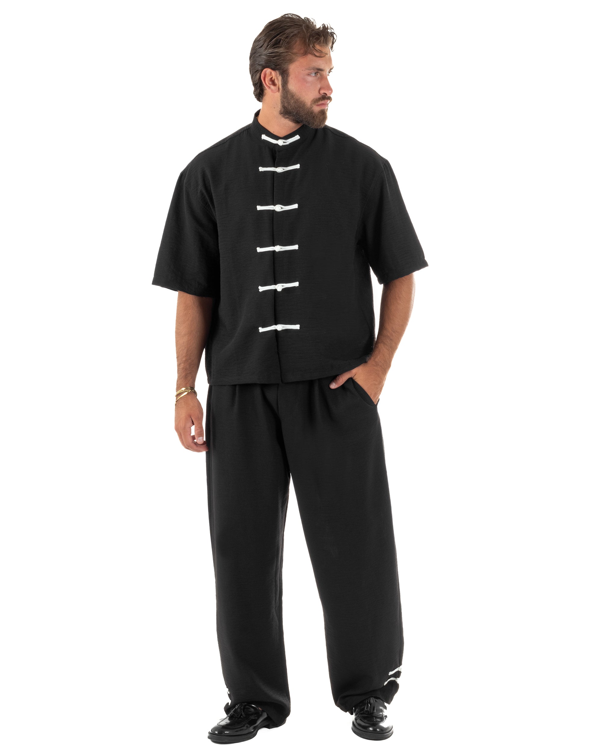 Coordinato uomo completo relaxed camicia coreana orientale pantaloni con coulisse nero GIOSAL-OU2562A