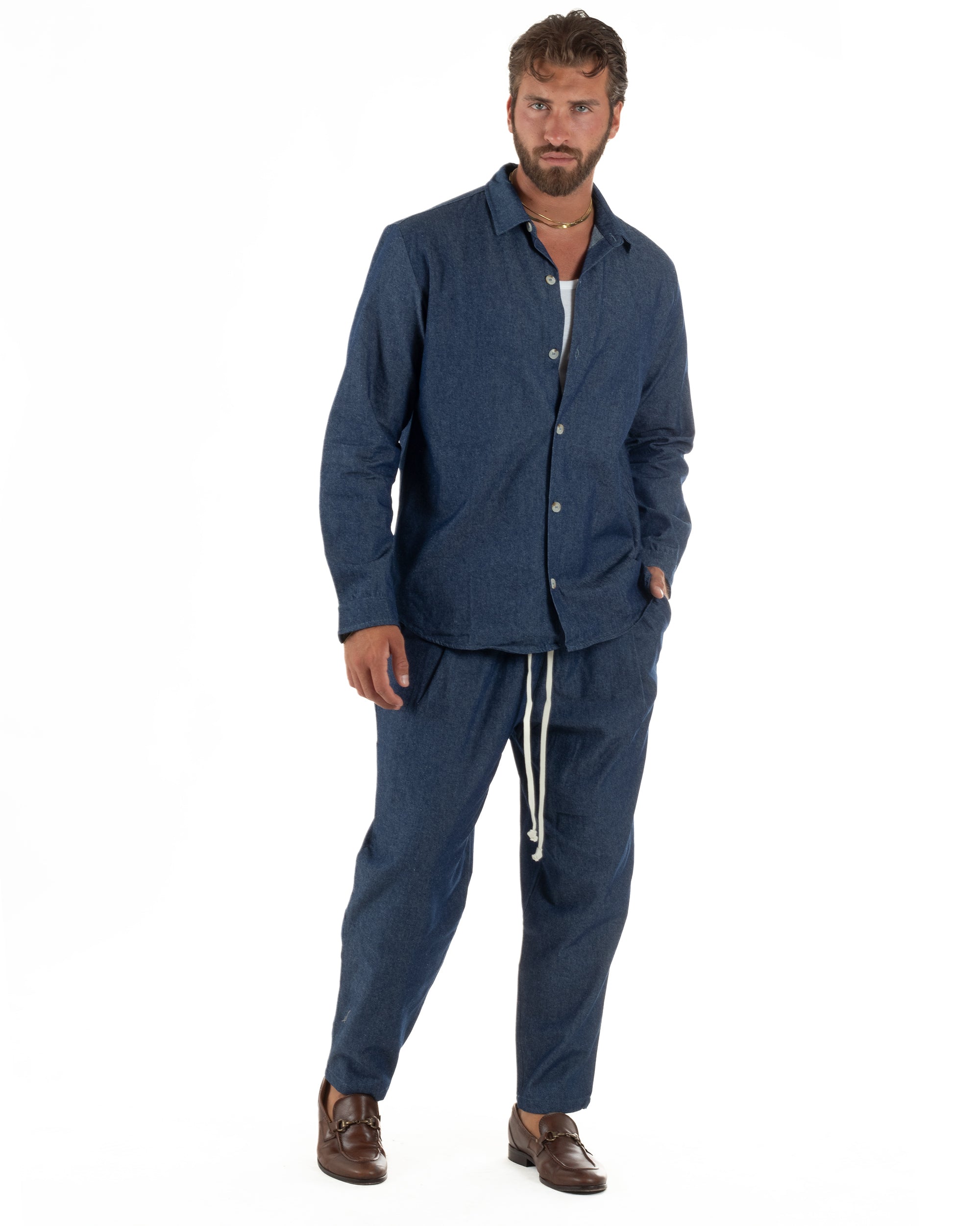 Coordinato uomo completo cotone camicia jogger relaxed fit denim GIOSAL-OU2564A