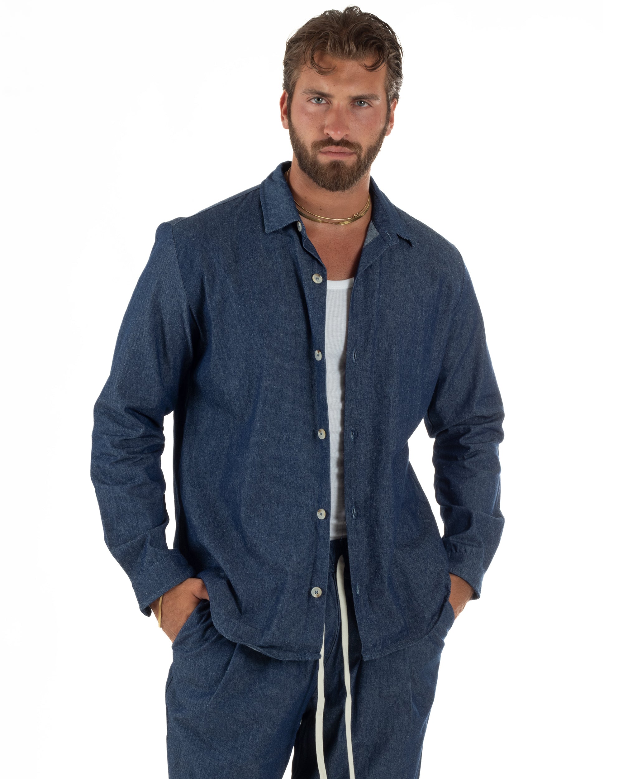 Coordinato uomo completo cotone camicia jogger relaxed fit denim GIOSAL-OU2564A