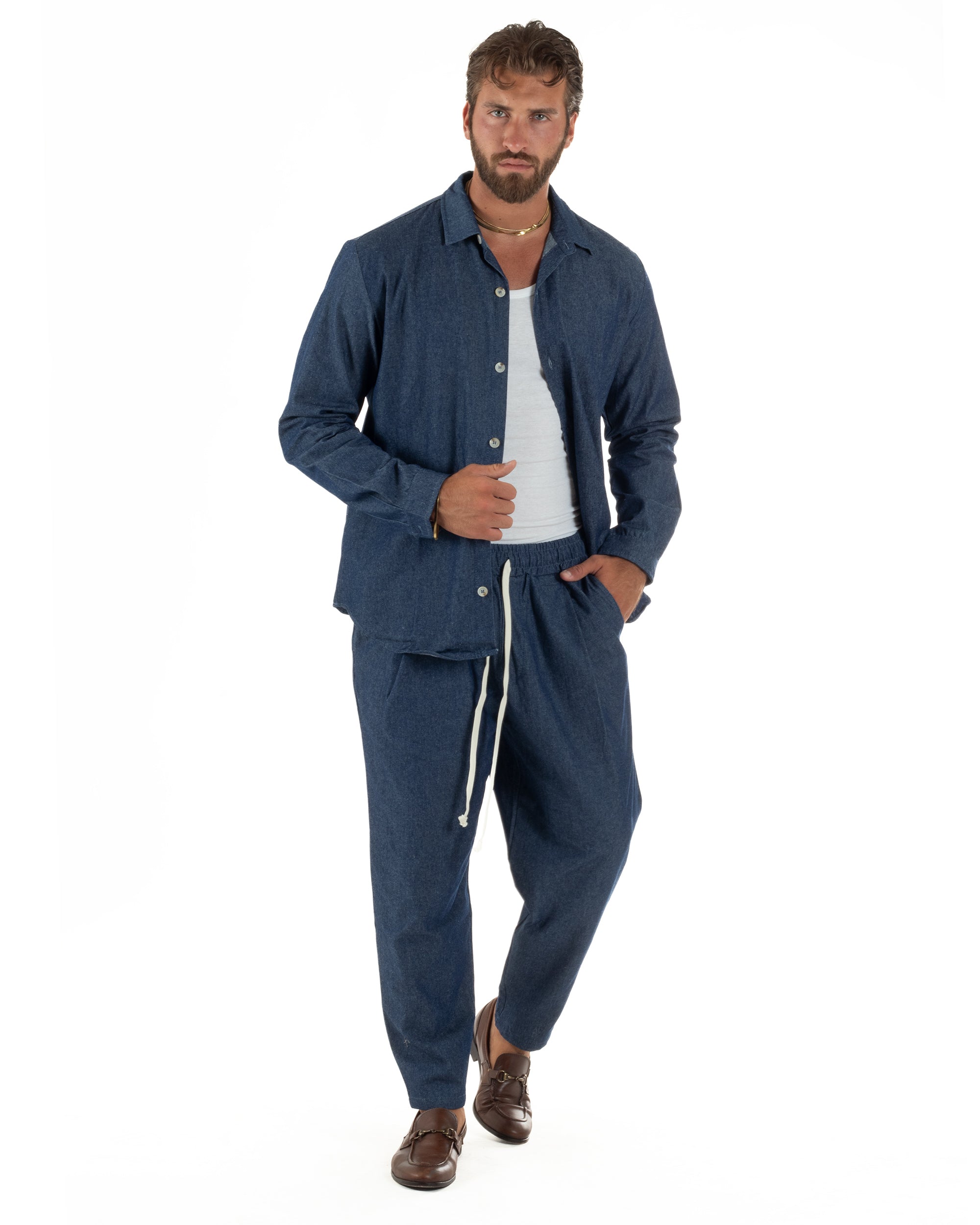 Coordinato uomo completo cotone camicia jogger relaxed fit denim GIOSAL-OU2564A