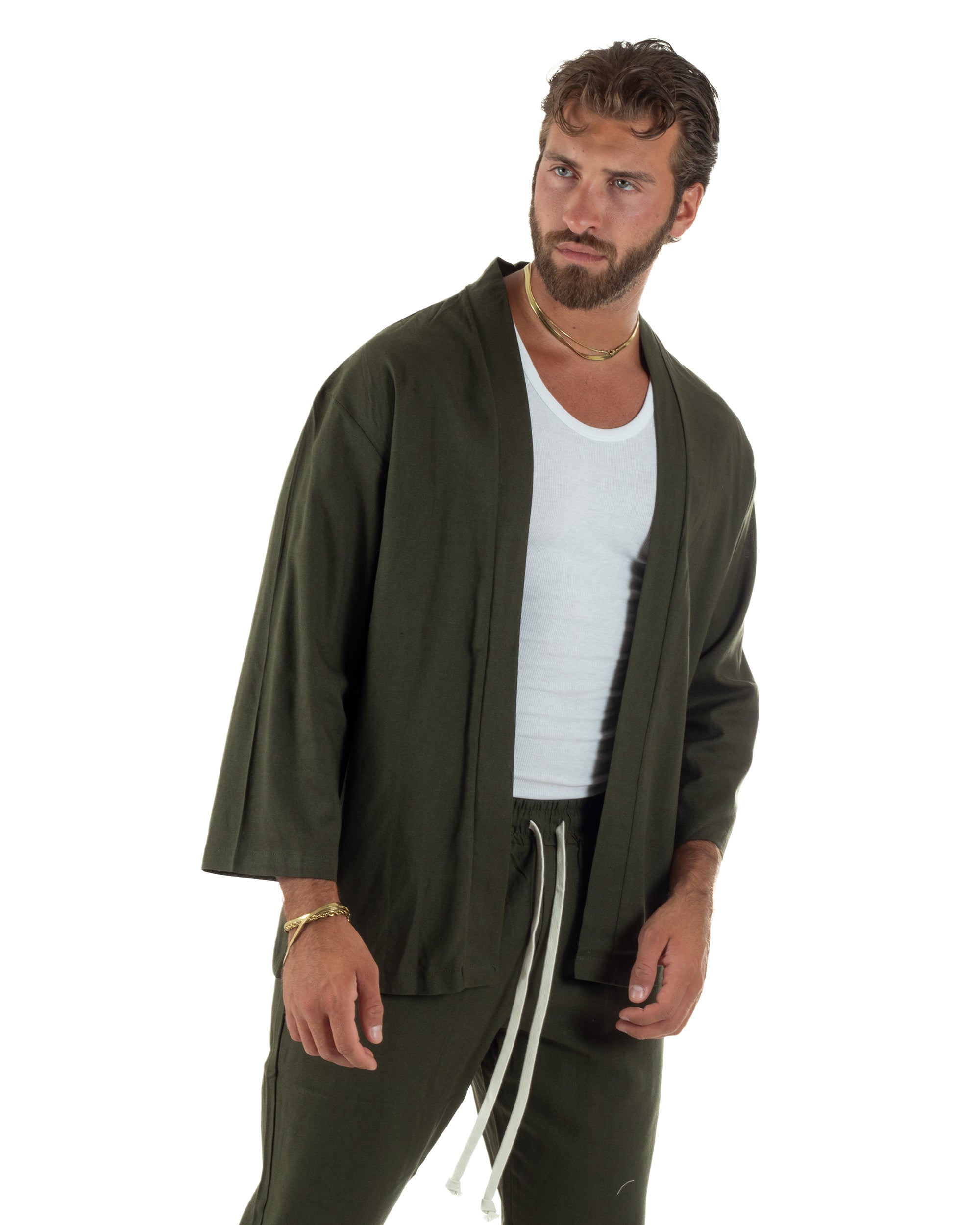 Coordinato uomo completo lino giacca kimono verde GIOSAL-OU2565A
