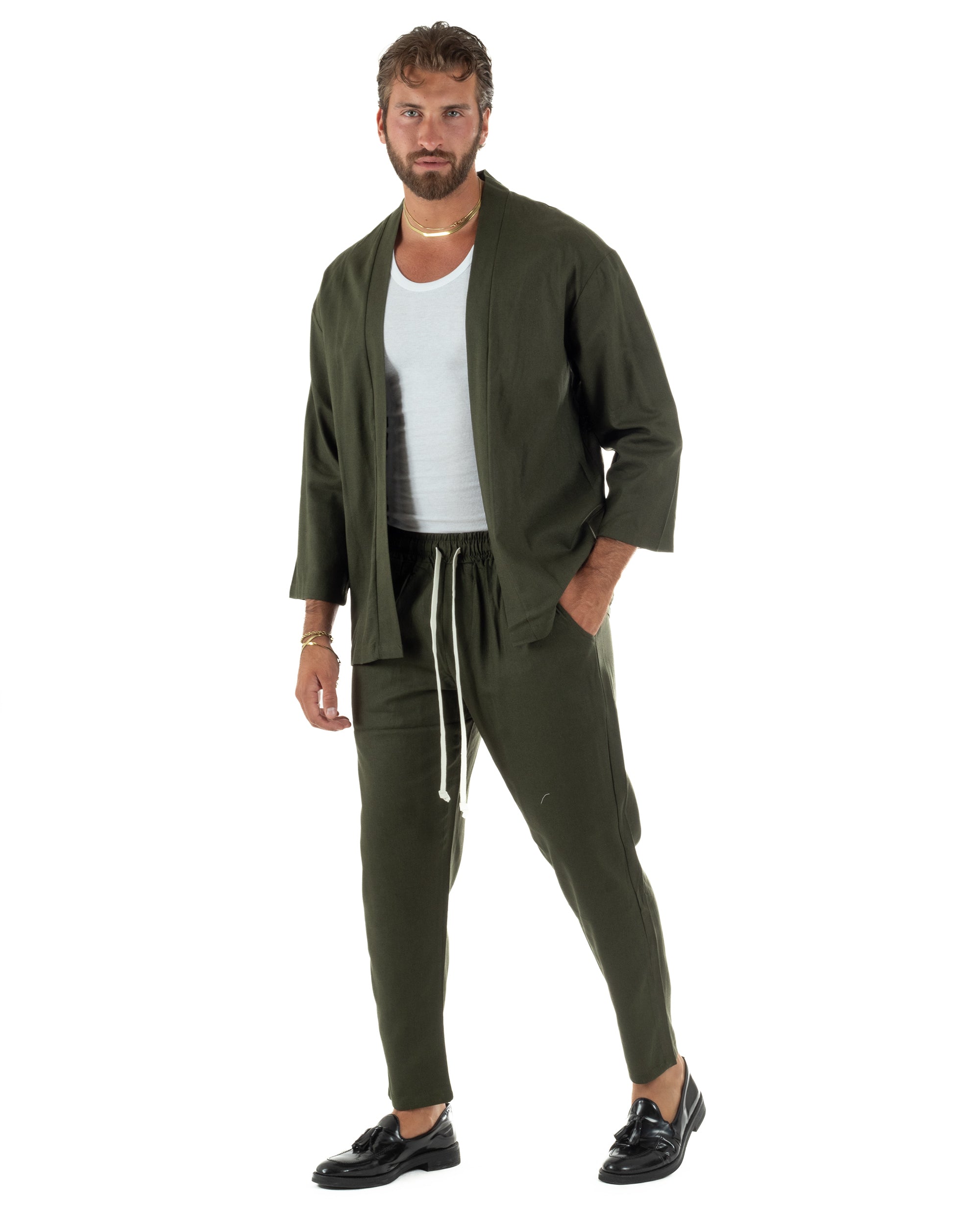 Coordinato uomo completo lino giacca kimono verde GIOSAL-OU2565A