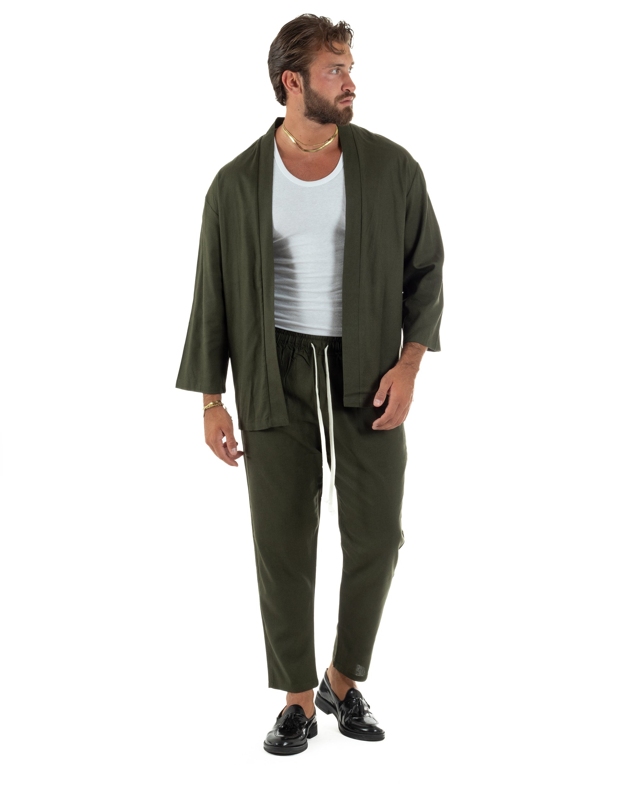 Coordinato uomo completo lino giacca kimono verde GIOSAL-OU2565A