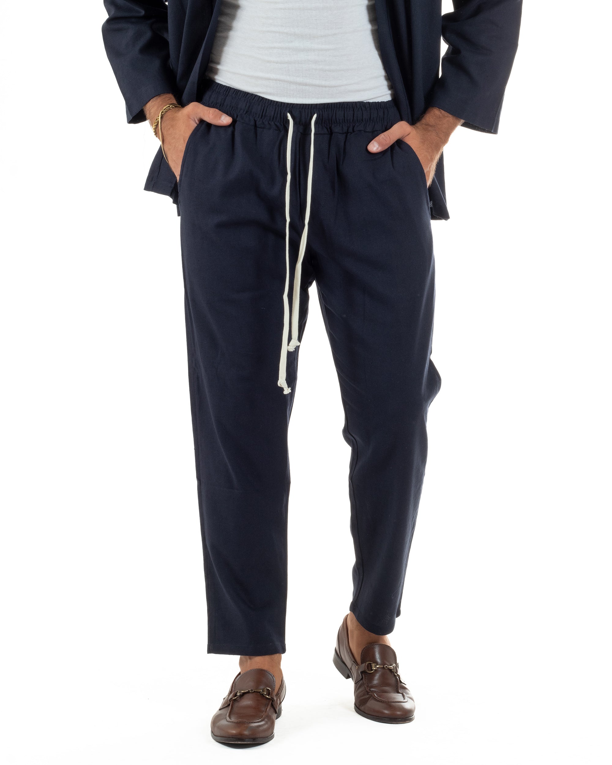 Coordinato uomo completo lino giacca kimono blu GIOSAL-OU2566A
