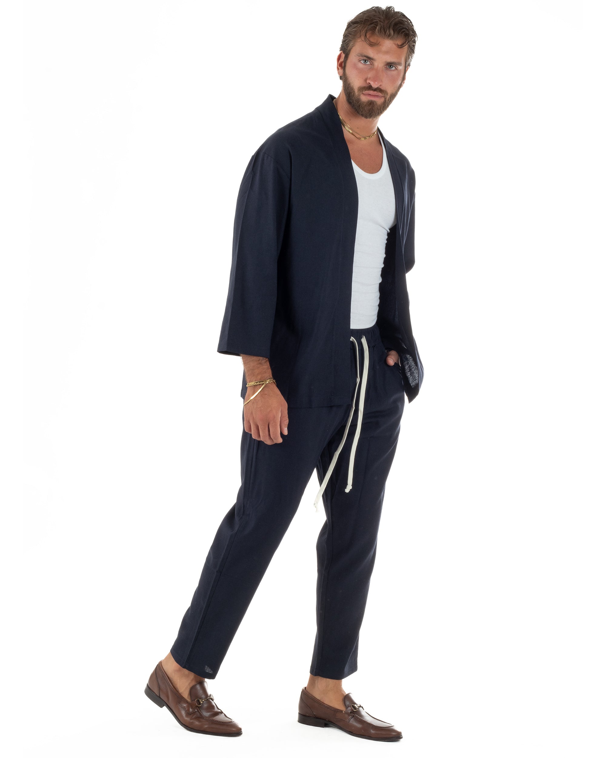 Coordinato uomo completo lino giacca kimono blu GIOSAL-OU2566A
