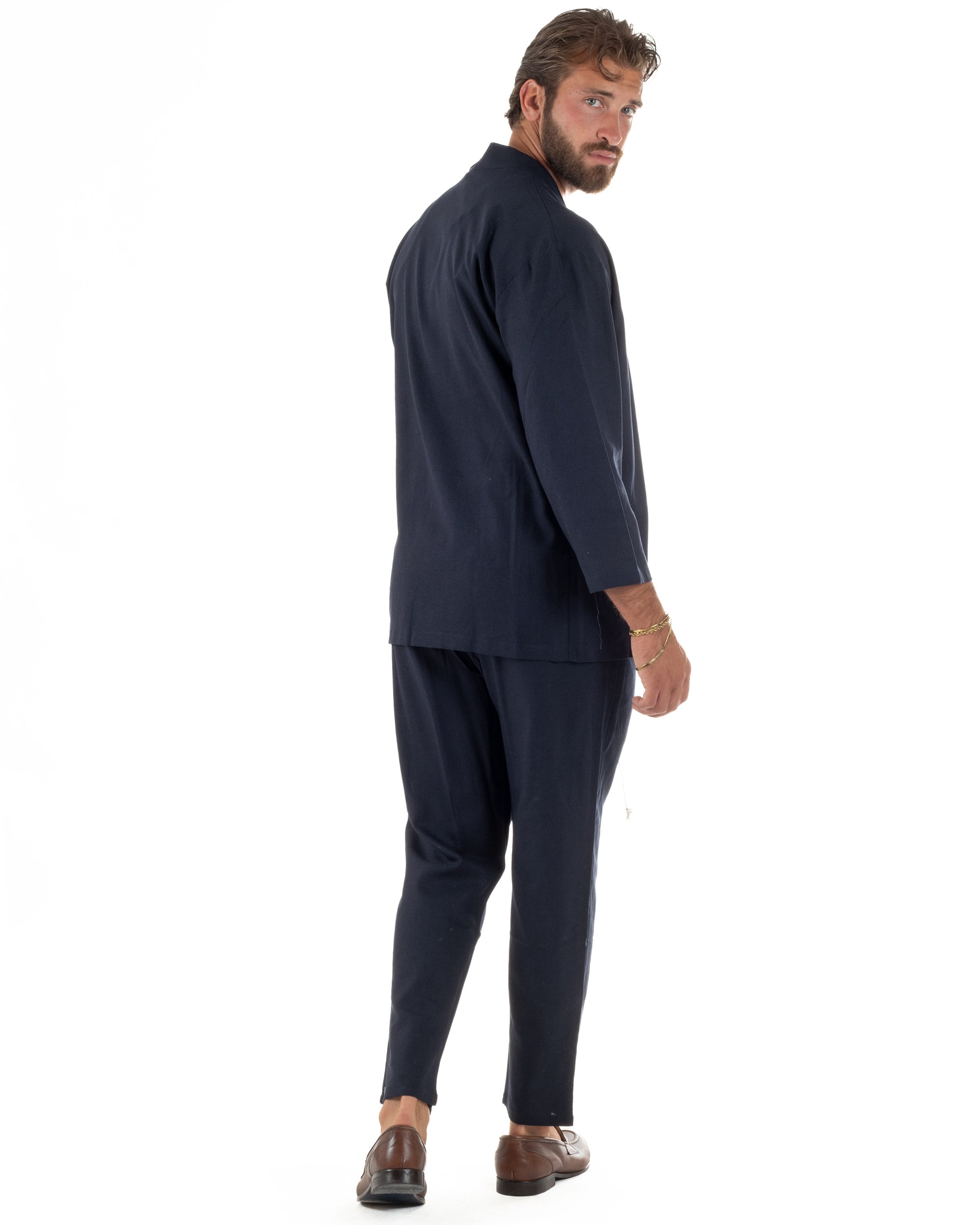 Coordinato uomo completo lino giacca kimono blu GIOSAL-OU2566A
