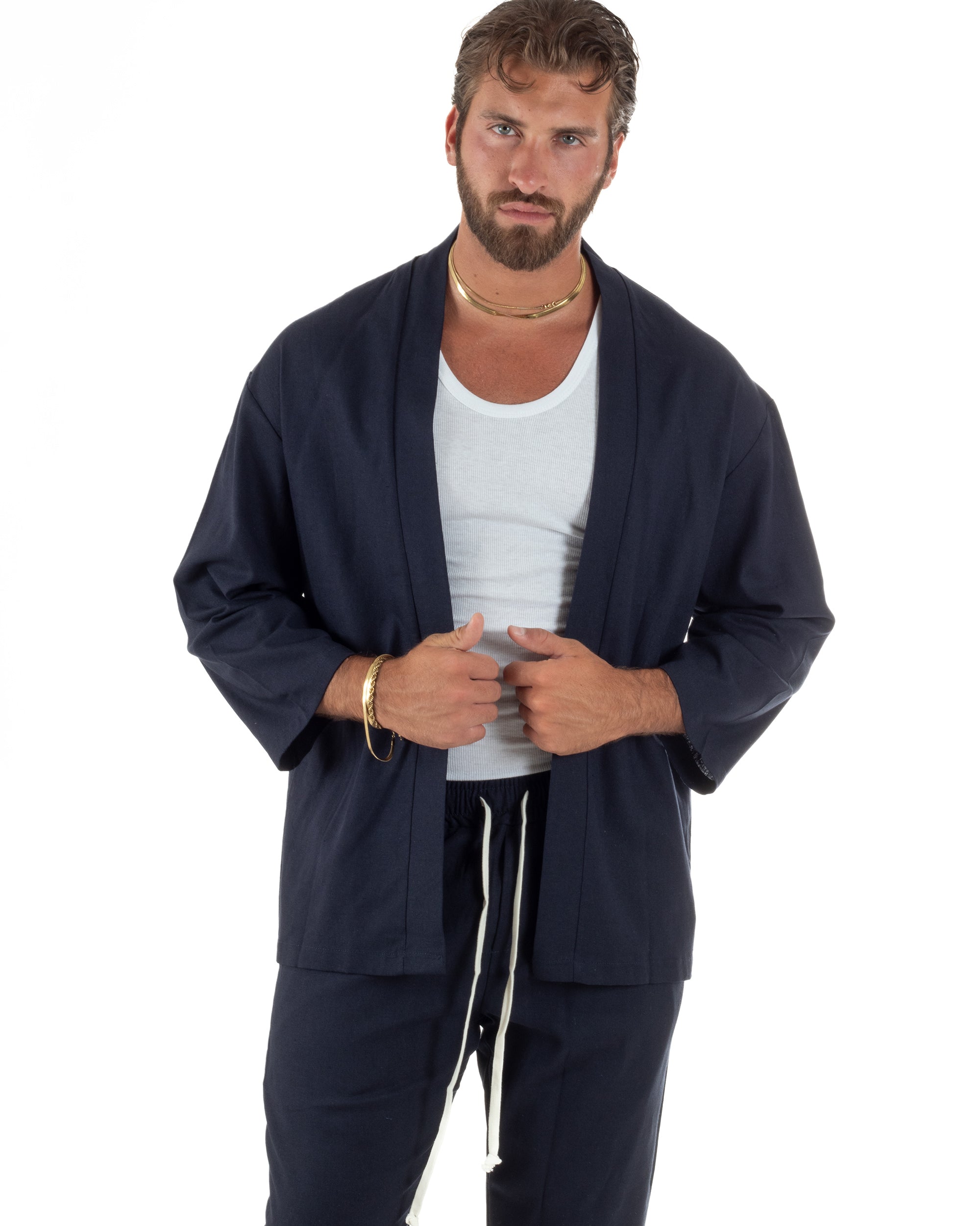 Coordinato uomo completo lino giacca kimono blu GIOSAL-OU2566A