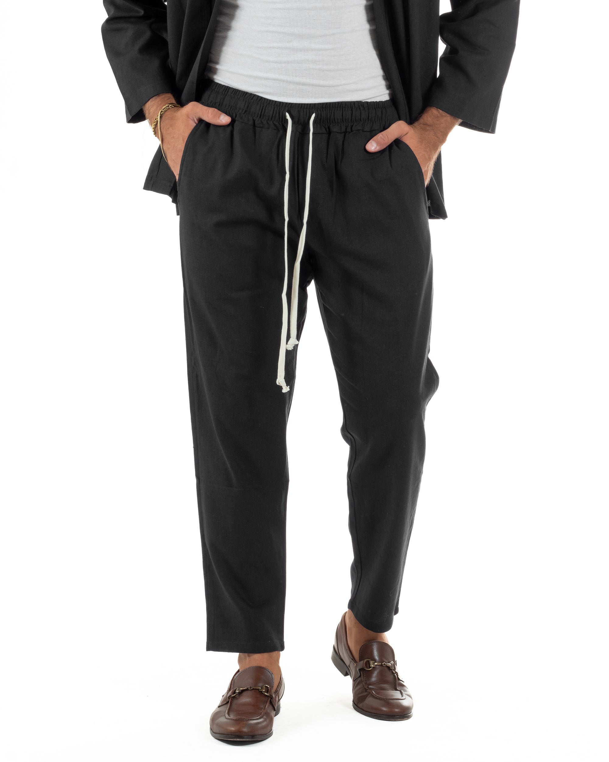 Coordinato uomo completo lino giacca kimono nero GIOSAL-OU2567A