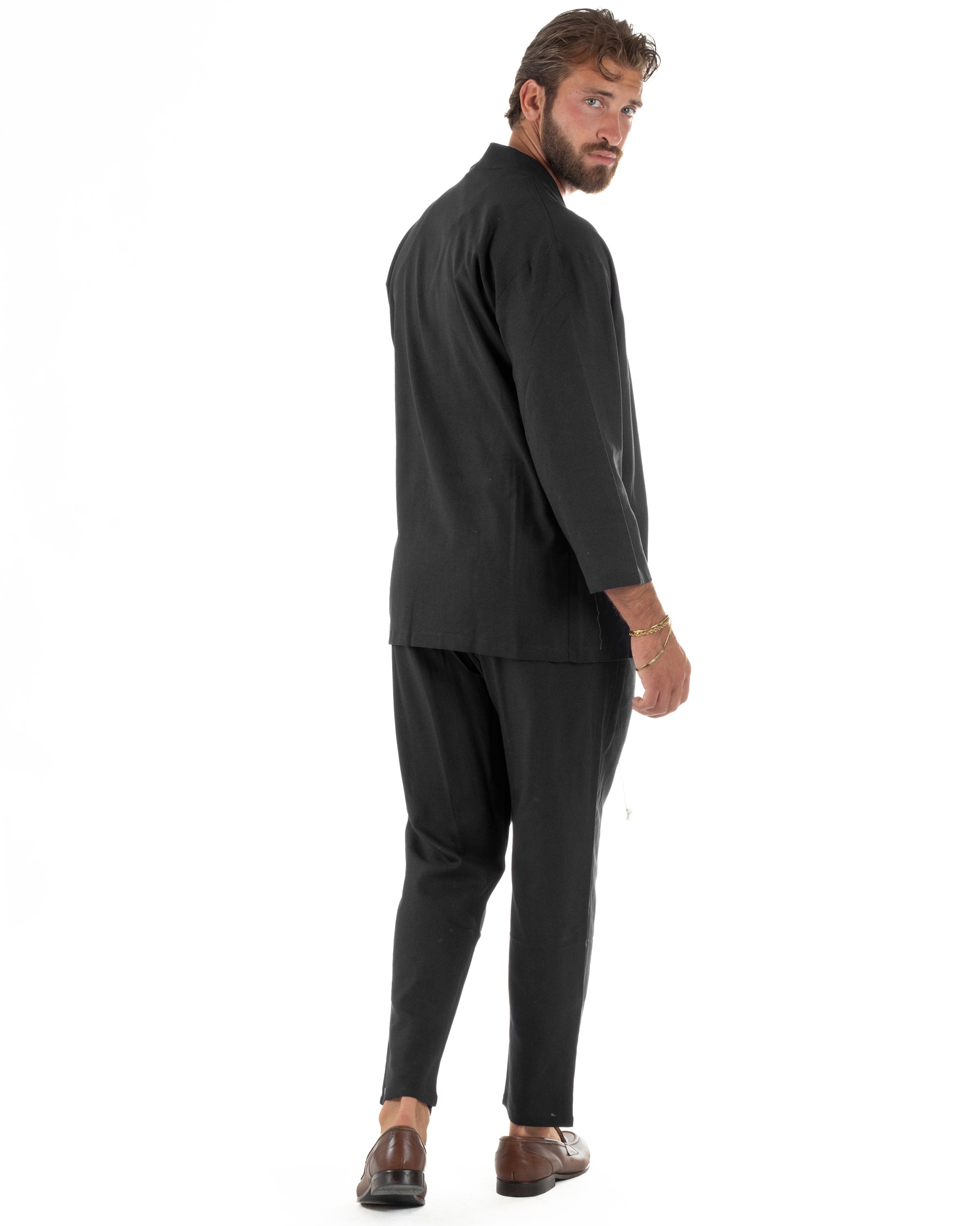 Coordinato uomo completo lino giacca kimono nero GIOSAL-OU2567A