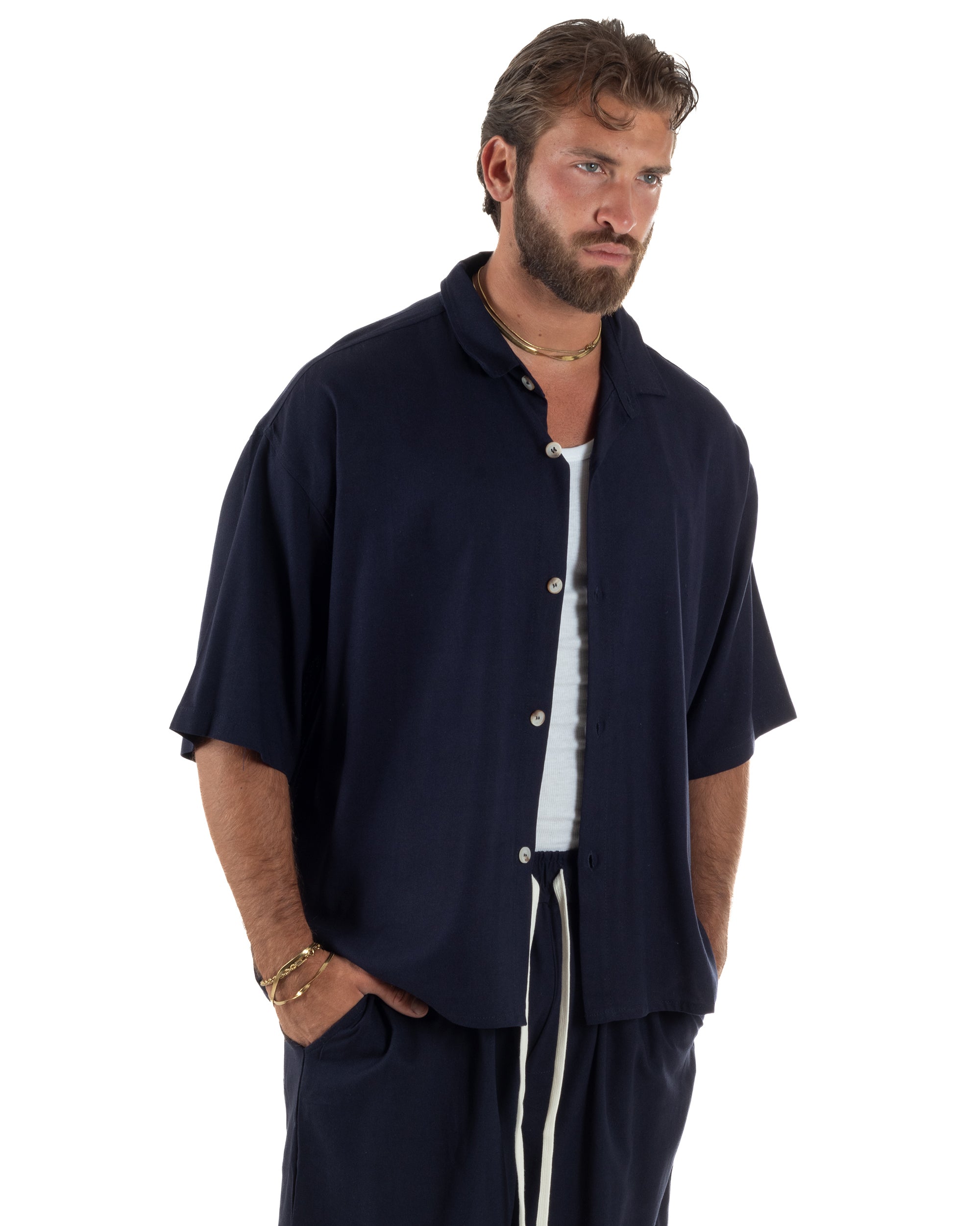 Coordinato uomo completo lino basic camicia bermuda blu GIOSAL-OU2568A