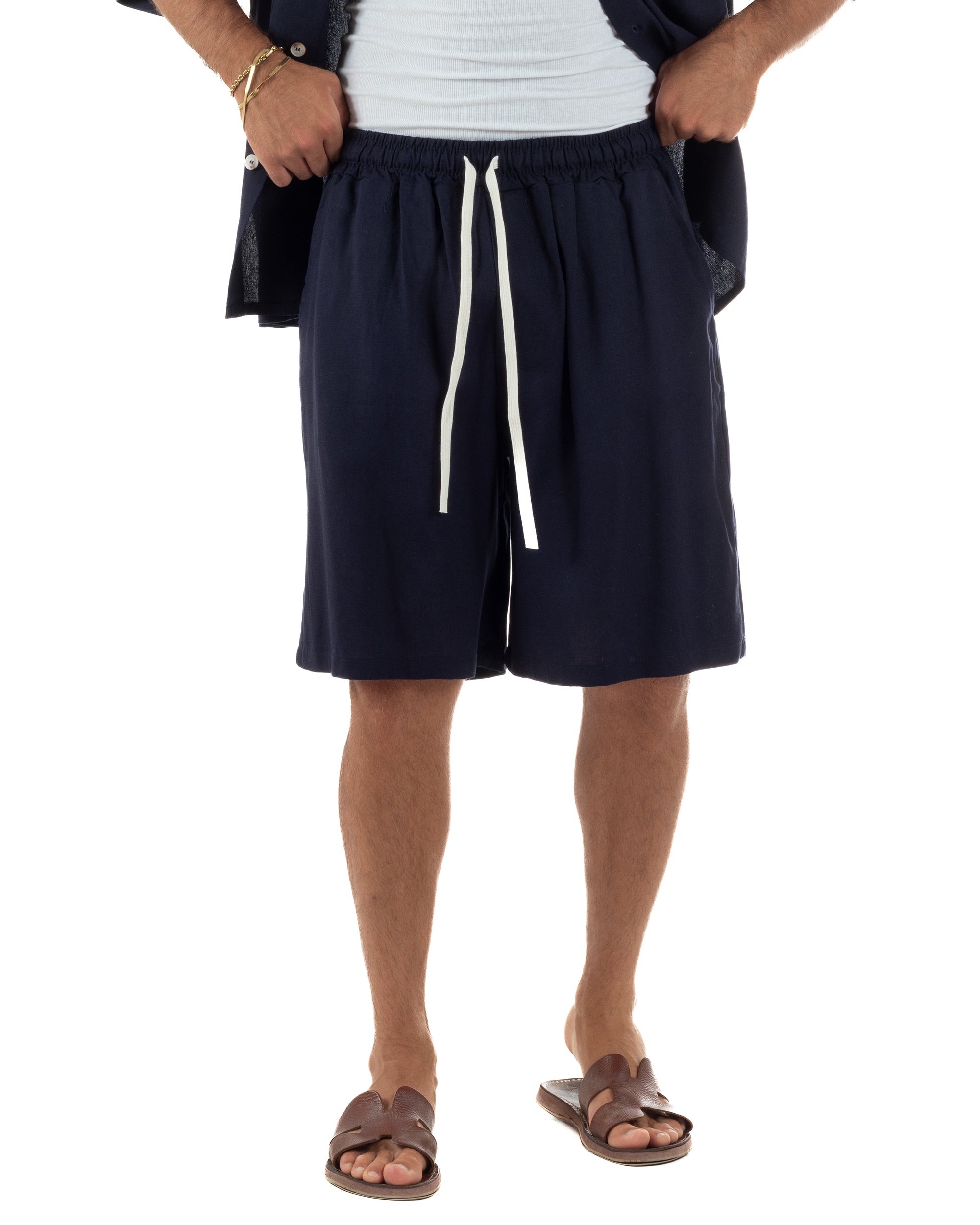 Coordinato uomo completo lino basic camicia bermuda blu GIOSAL-OU2568A