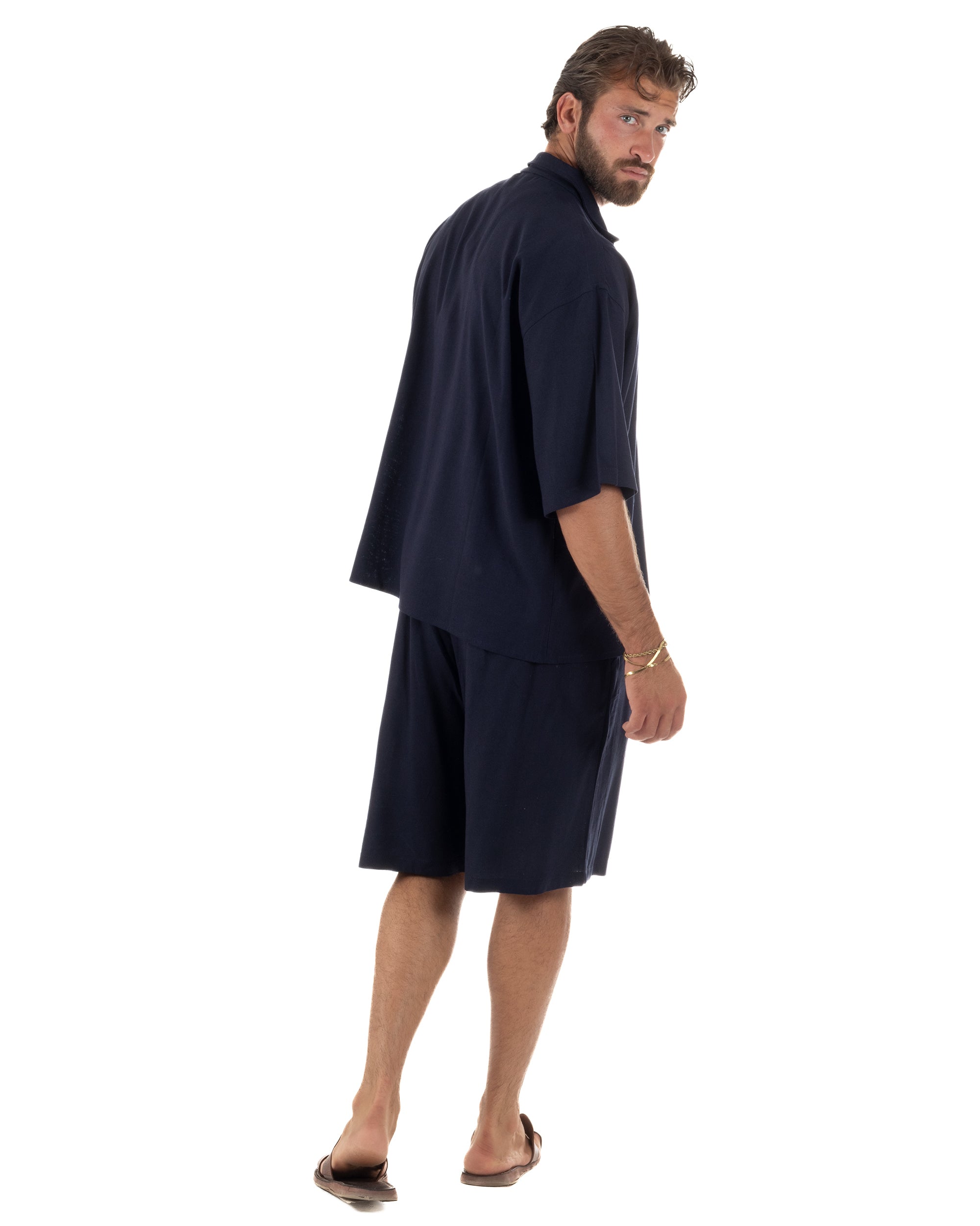 Coordinato uomo completo lino basic camicia bermuda blu GIOSAL-OU2568A