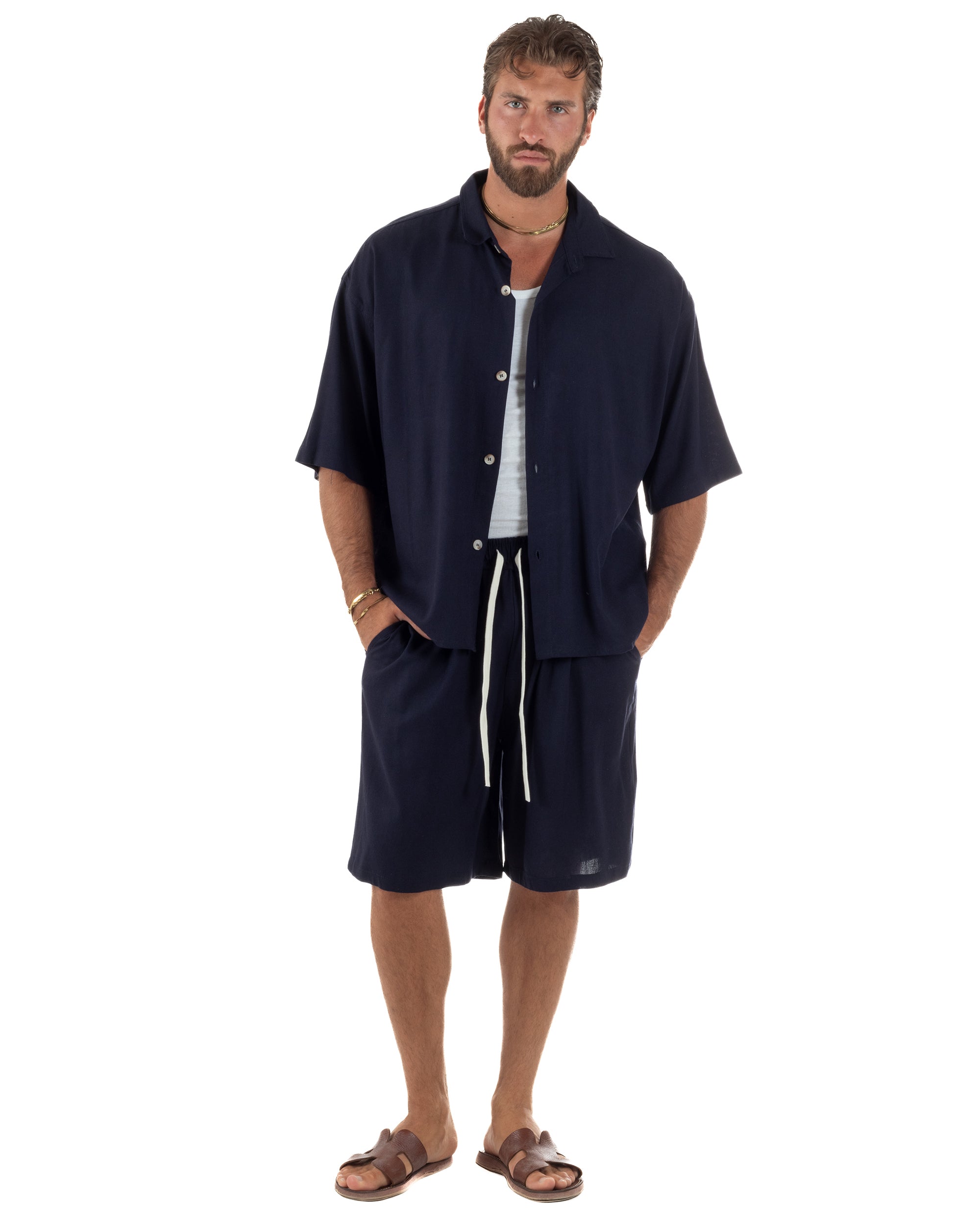 Coordinato uomo completo lino basic camicia bermuda blu GIOSAL-OU2568A