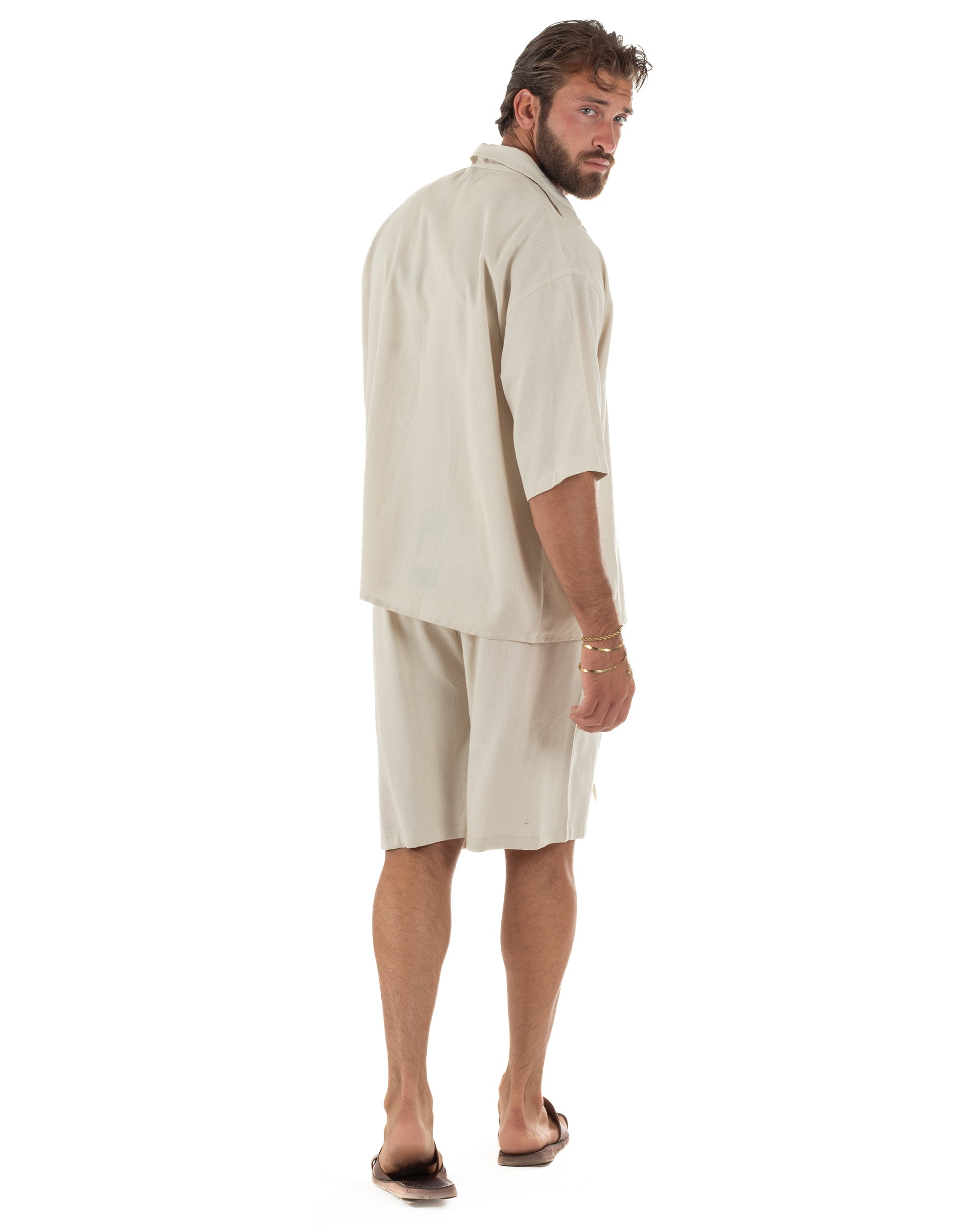 Coordinato uomo completo lino basic camicia bermuda beige GIOSAL-OU2569A