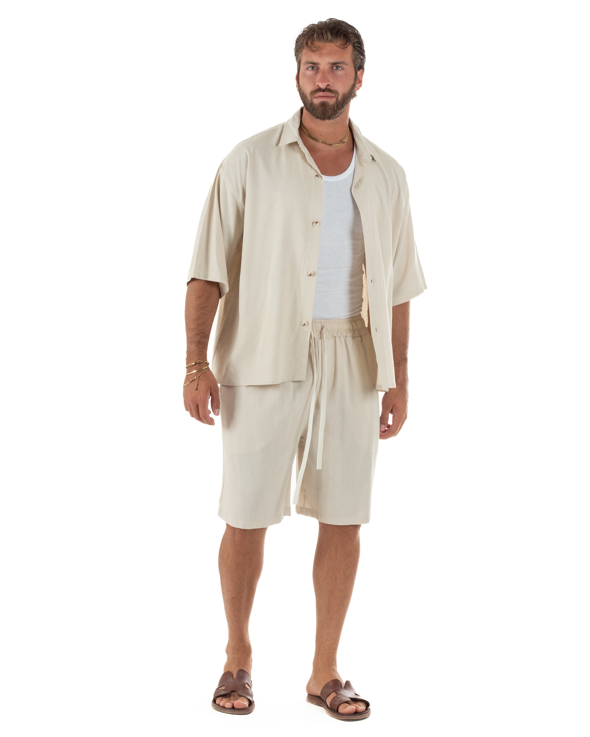 Coordinato uomo completo lino basic camicia bermuda beige GIOSAL-OU2569A