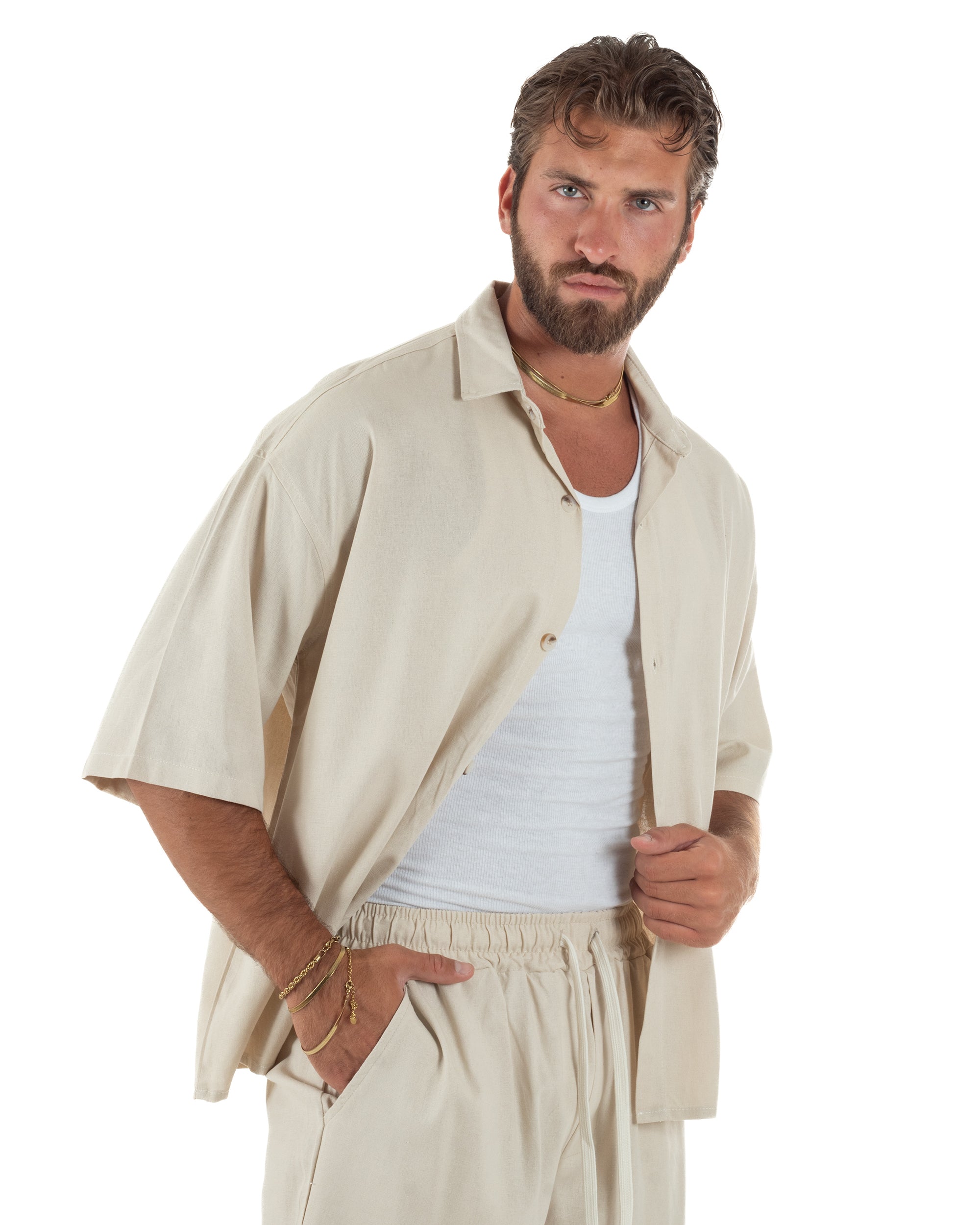 Coordinato uomo completo lino basic camicia bermuda beige GIOSAL-OU2569A