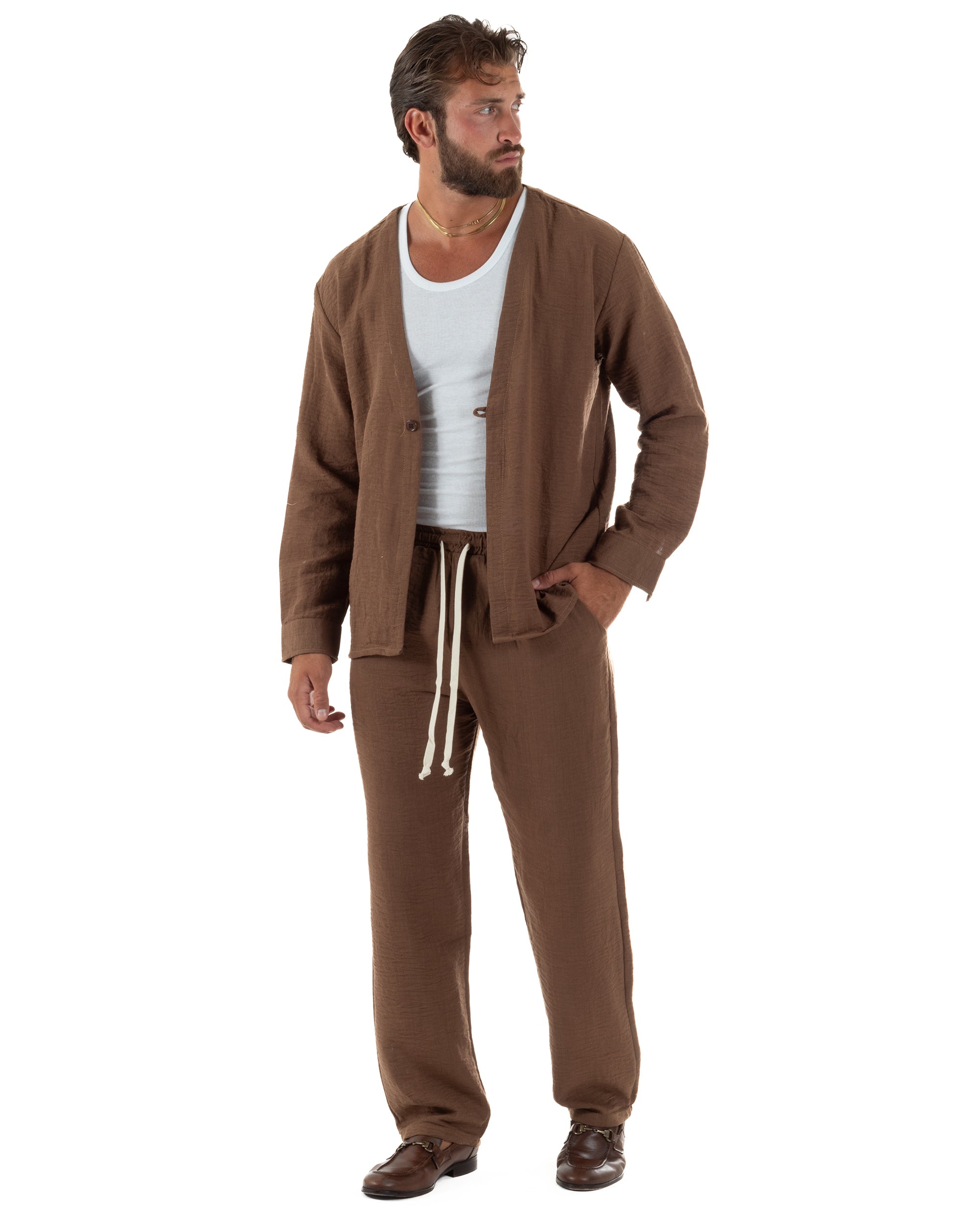 Coordinato viscosa fiammato giacca coreana scollo v pantaloni baggy marrone GIOSAL-OU2571A