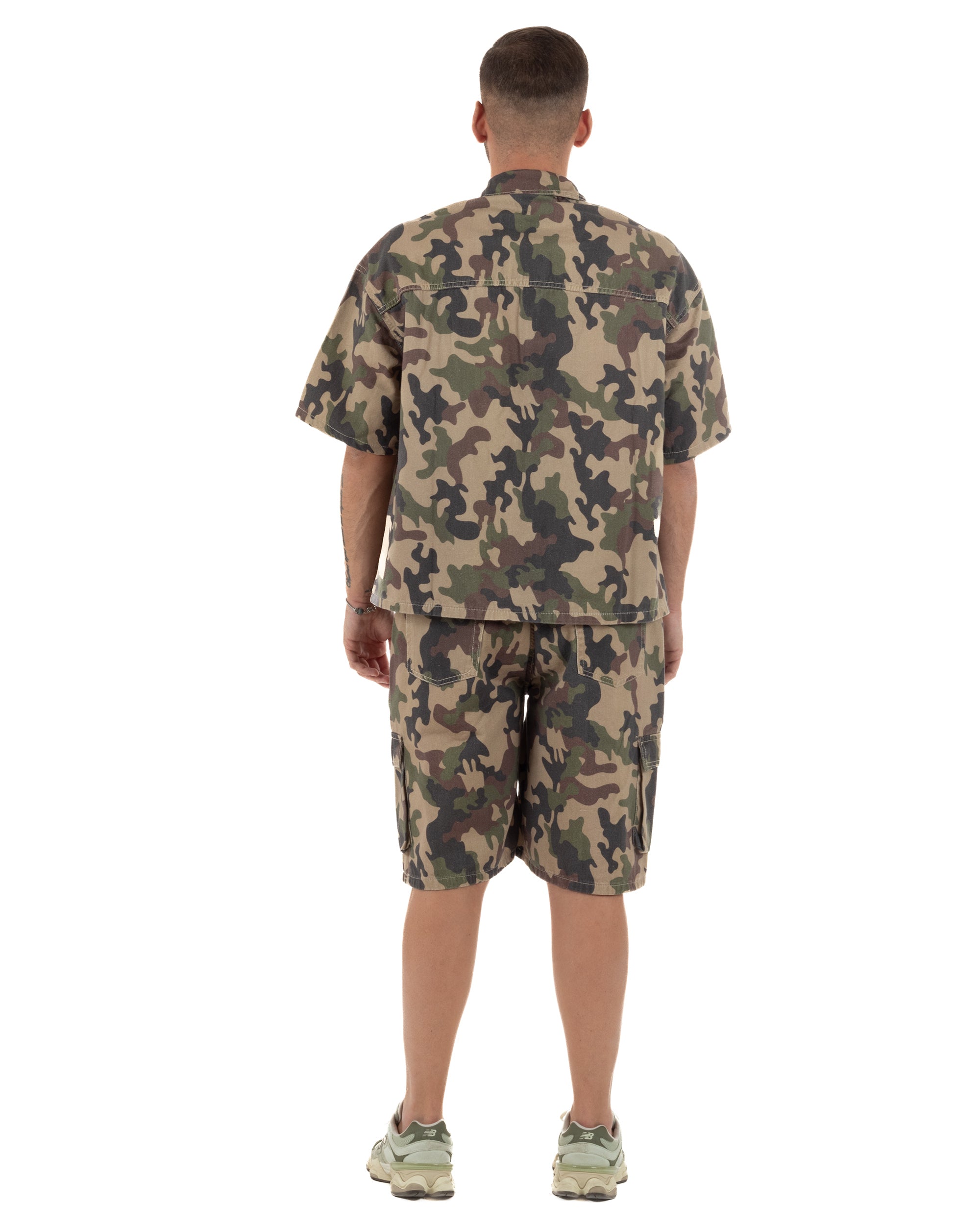 Coordinato uomo completo camicia bermuda cargo mimetico verde militare GIOSAL-OU2575A