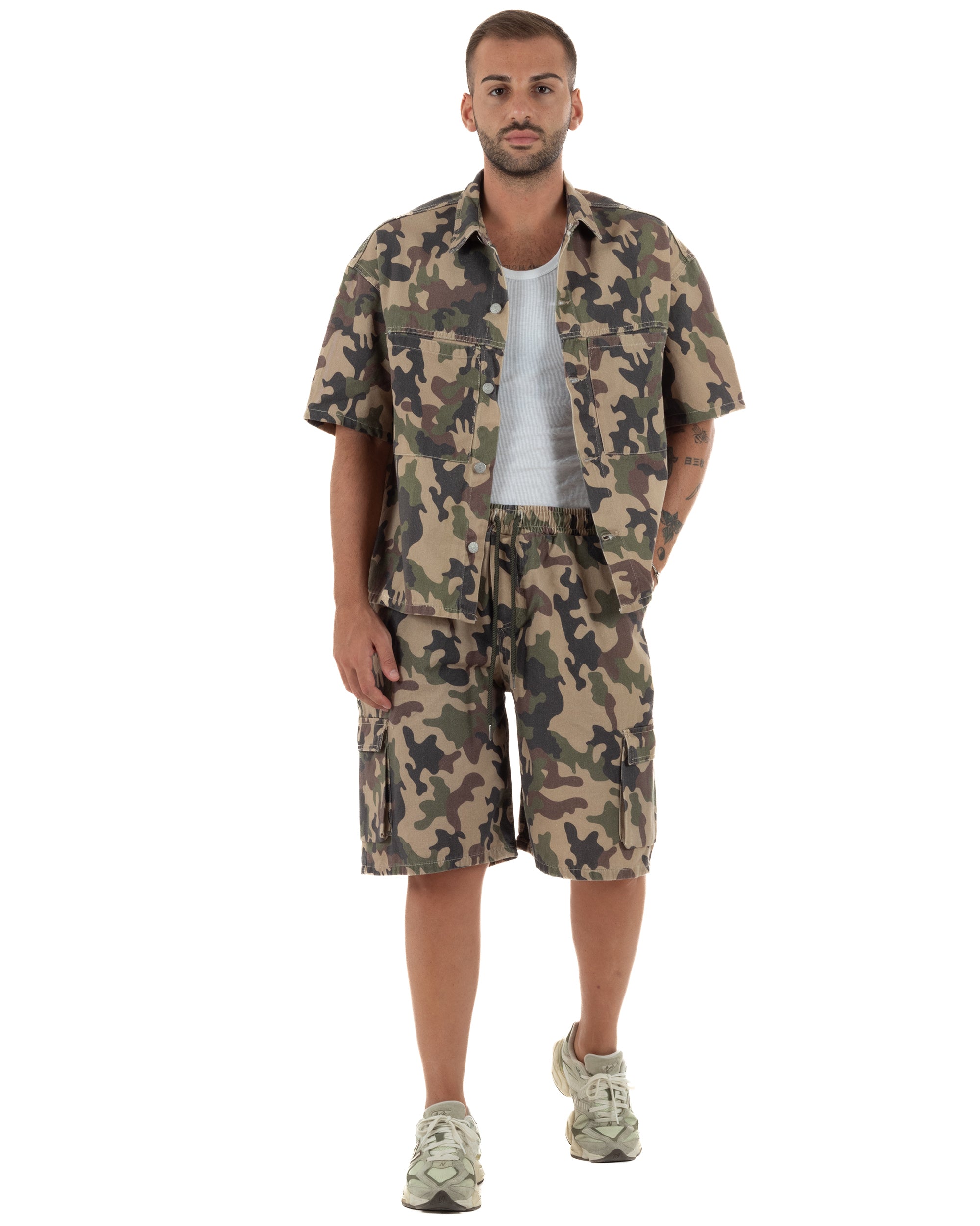 Coordinato uomo completo camicia bermuda cargo mimetico verde militare GIOSAL-OU2575A