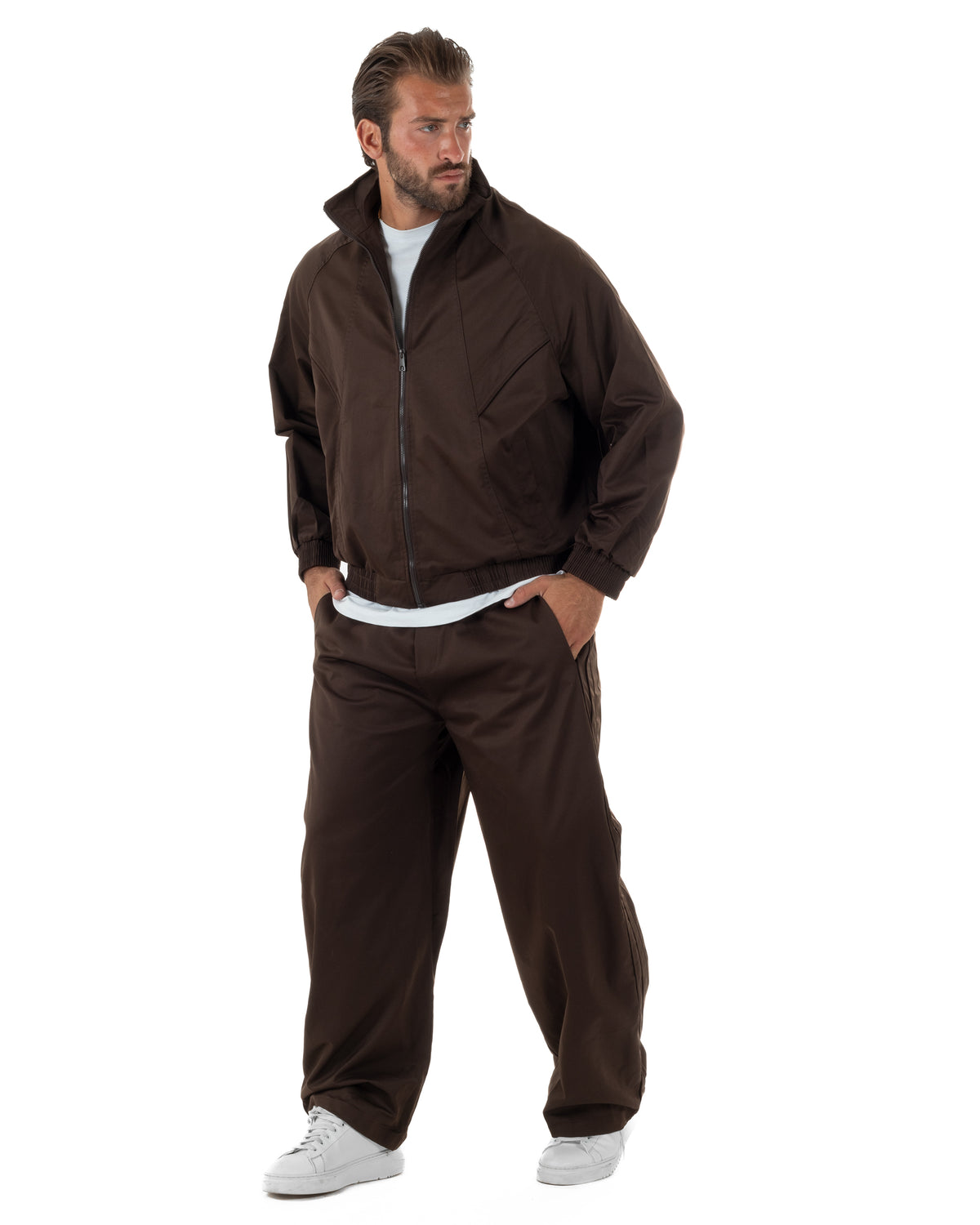 Coordinato tuta uomo tessuto tecnico giacca pantaloni baggy marrone GIOSAL-OU2576A