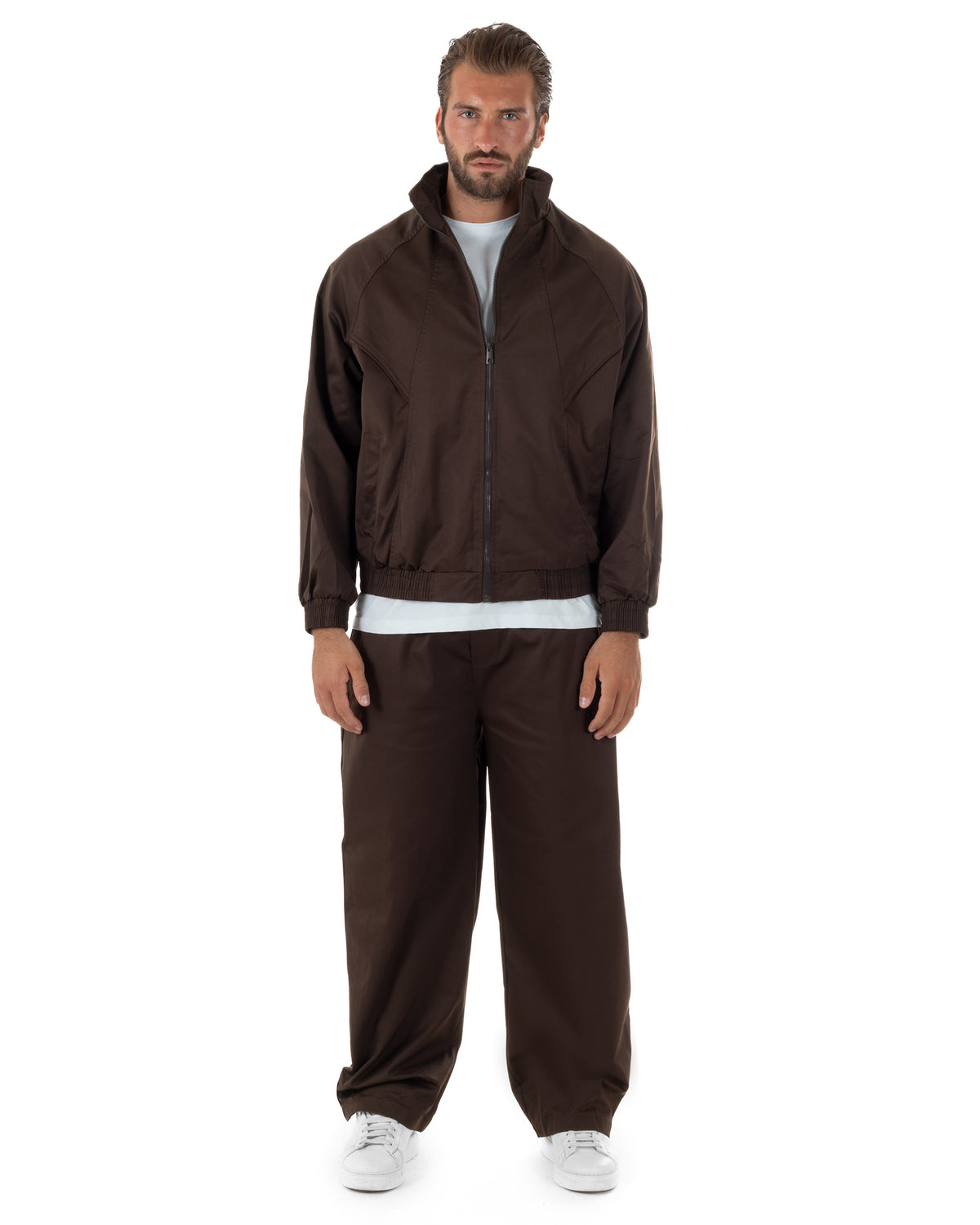 Coordinato tuta uomo tessuto tecnico giacca pantaloni baggy marrone GIOSAL-OU2576A