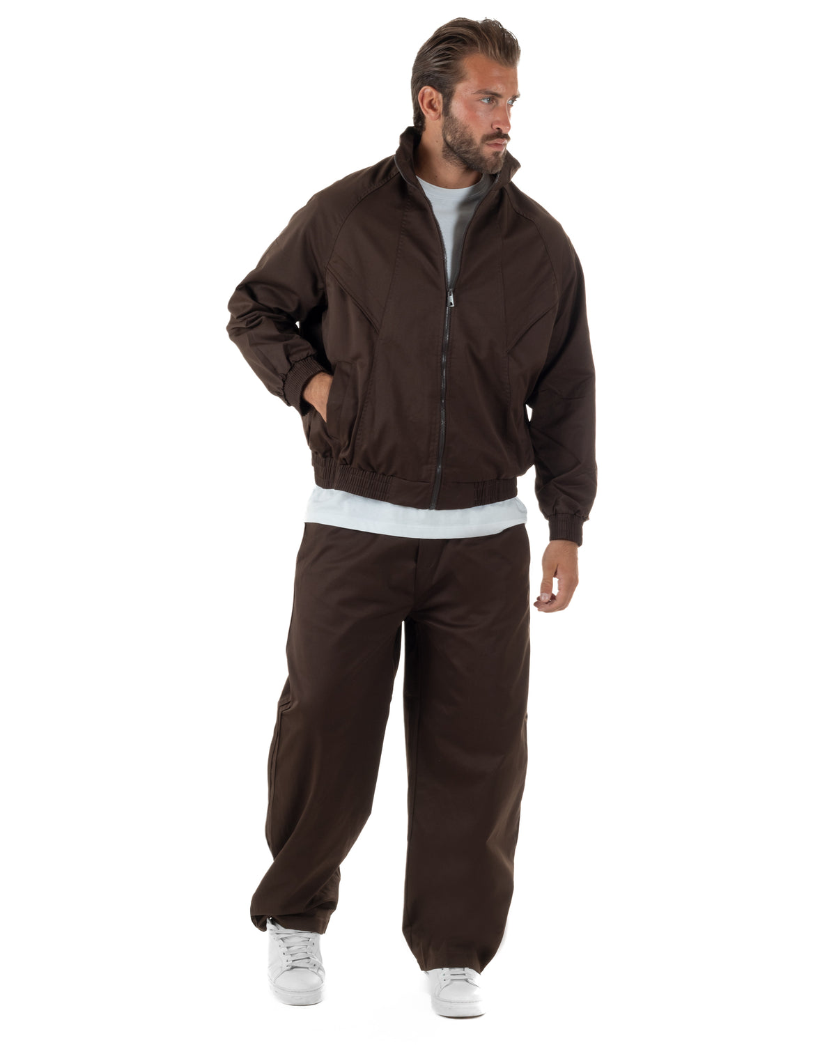 Coordinato tuta uomo tessuto tecnico giacca pantaloni baggy marrone GIOSAL-OU2576A