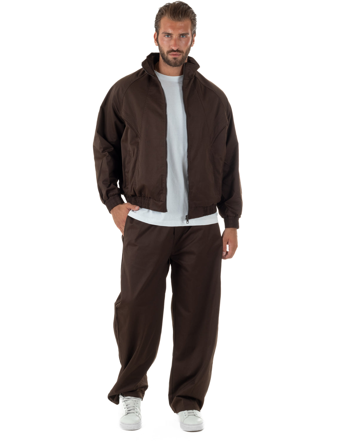Coordinato tuta uomo tessuto tecnico giacca pantaloni baggy marrone GIOSAL-OU2576A