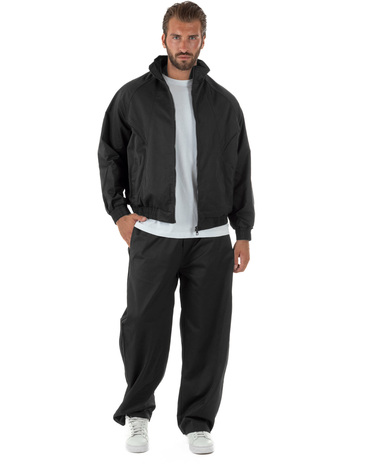 Coordinato tuta uomo tessuto tecnico giacca pantaloni baggy nero GIOSAL-OU2577A