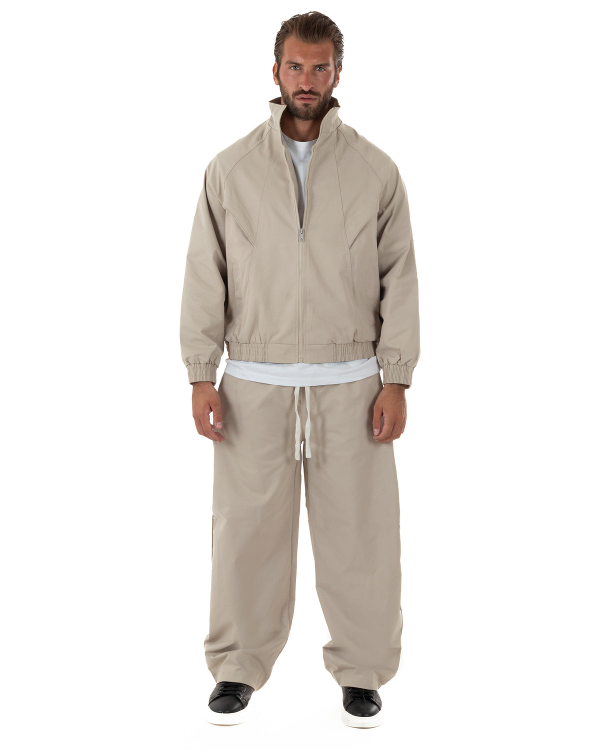 Coordinato tuta uomo tessuto tecnico giacca pantaloni baggy beige GIOSAL-OU2578A