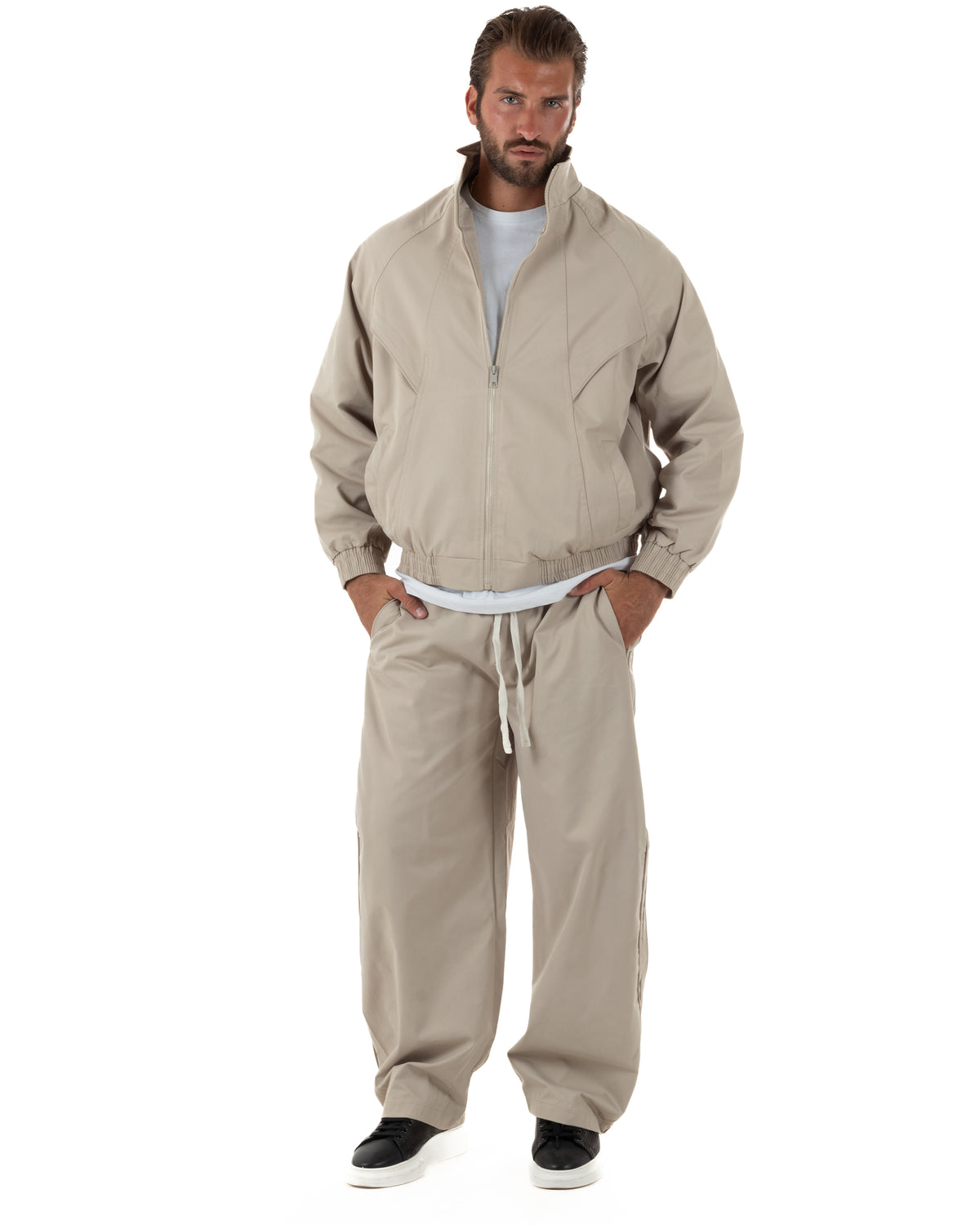Coordinato tuta uomo tessuto tecnico giacca pantaloni baggy beige GIOSAL-OU2578A