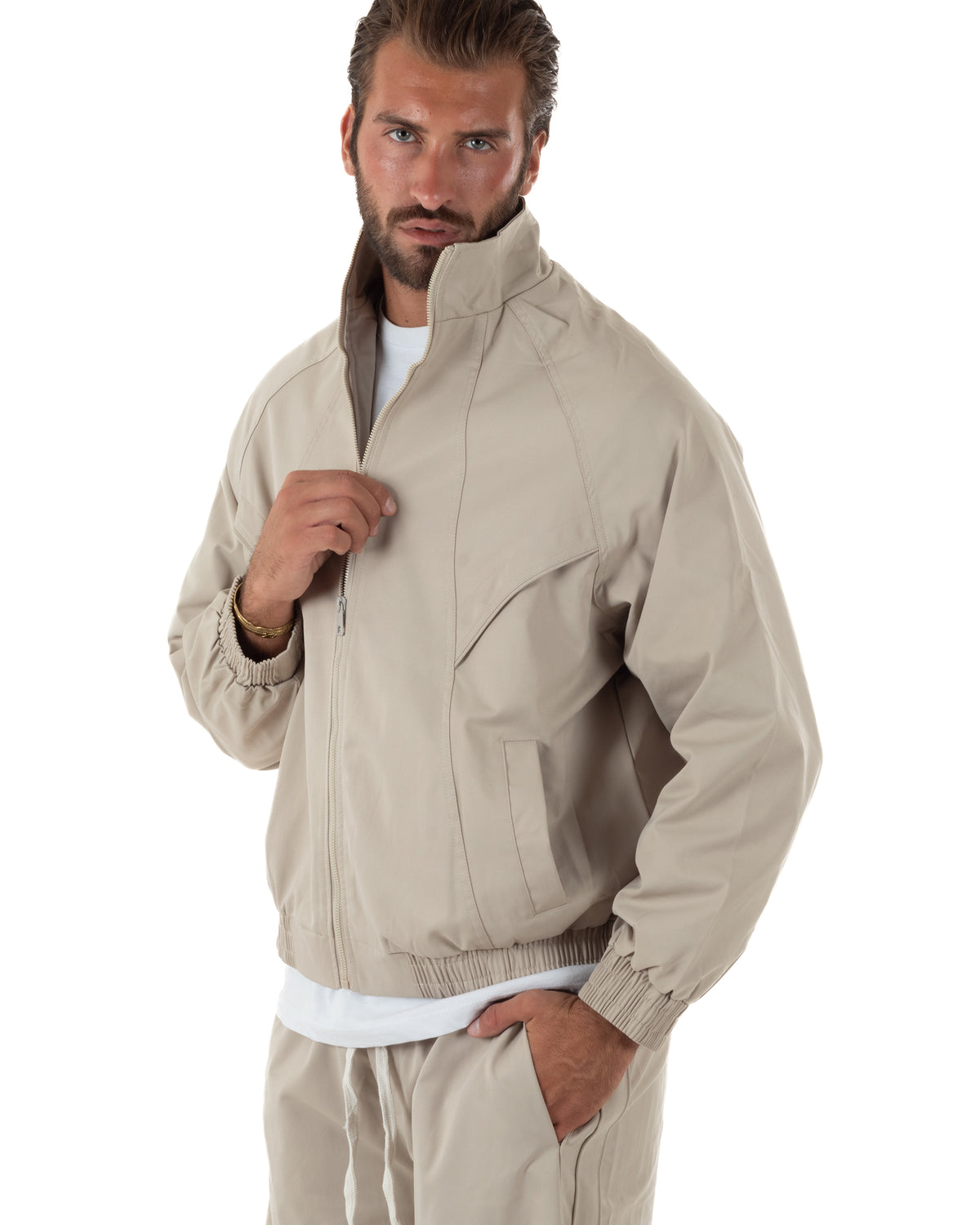 Coordinato tuta uomo tessuto tecnico giacca pantaloni baggy beige GIOSAL-OU2578A