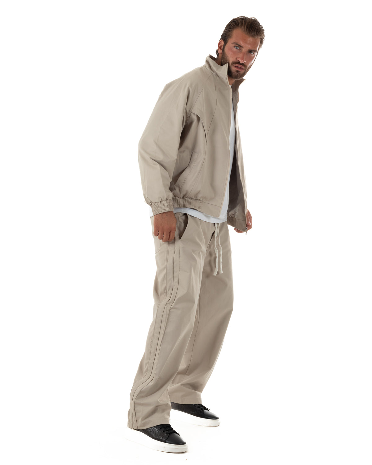Coordinato tuta uomo tessuto tecnico giacca pantaloni baggy beige GIOSAL-OU2578A