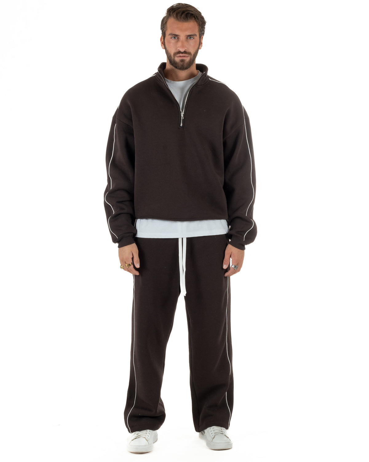 Coordinato tuta uomo oversize collo alto felpa mezza zip pantaloni wide leg marrone GIOSAL-OU2580A