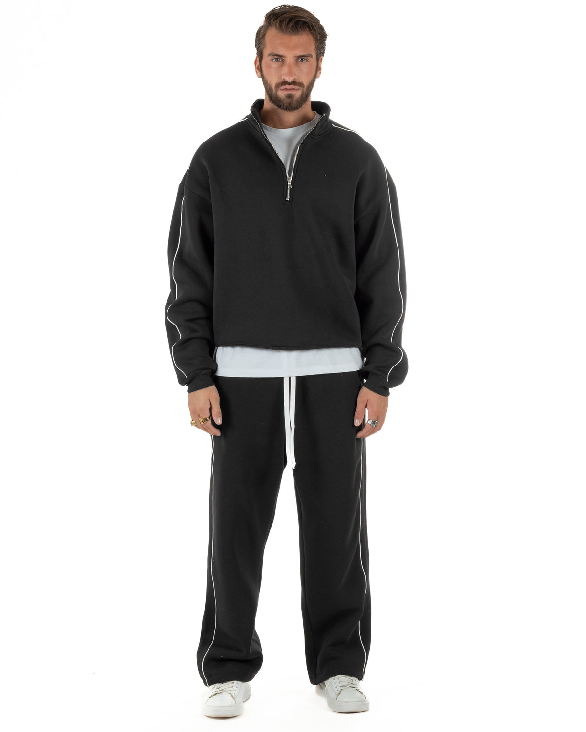 Coordinato tuta uomo oversize collo alto felpa mezza zip pantaloni wide leg nero GIOSAL-OU2581A
