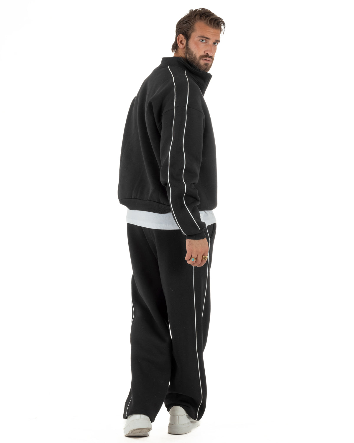Coordinato tuta uomo oversize collo alto felpa mezza zip pantaloni wide leg nero GIOSAL-OU2581A