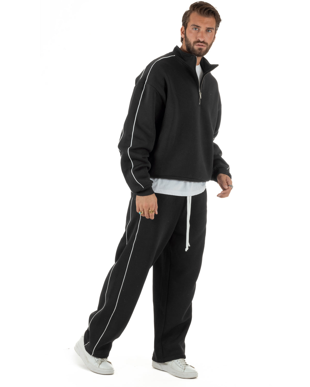 Coordinato tuta uomo oversize collo alto felpa mezza zip pantaloni wide leg nero GIOSAL-OU2581A