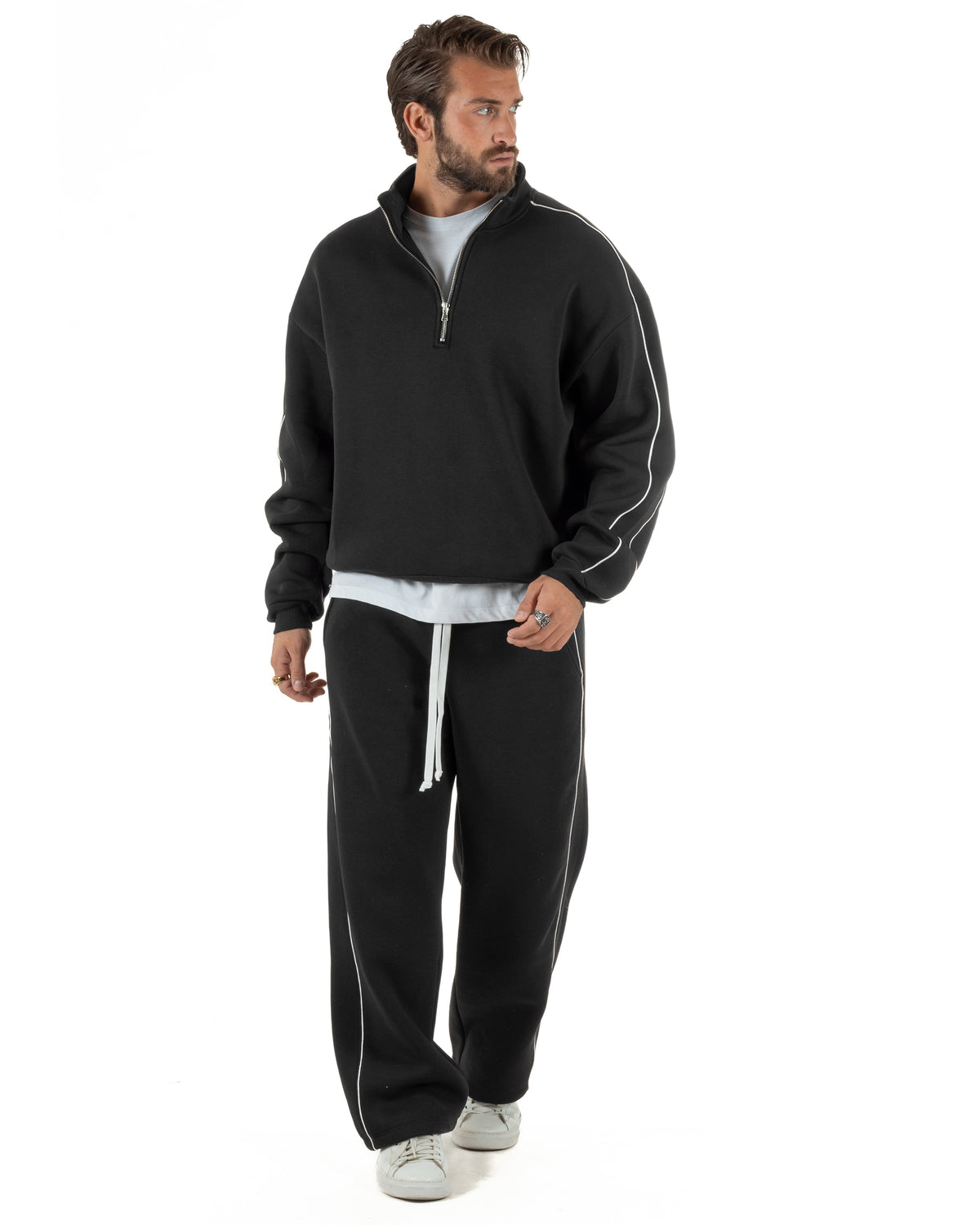 Coordinato tuta uomo oversize collo alto felpa mezza zip pantaloni wide leg nero GIOSAL-OU2581A