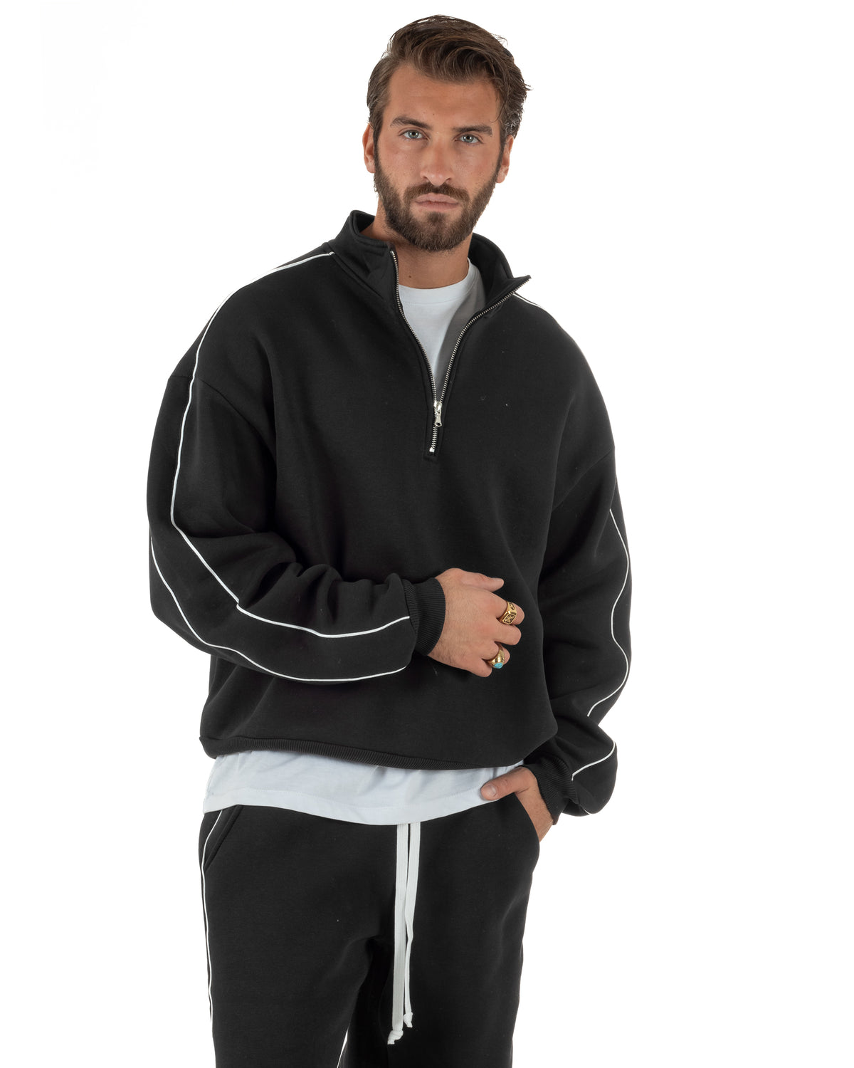 Coordinato tuta uomo oversize collo alto felpa mezza zip pantaloni wide leg nero GIOSAL-OU2581A