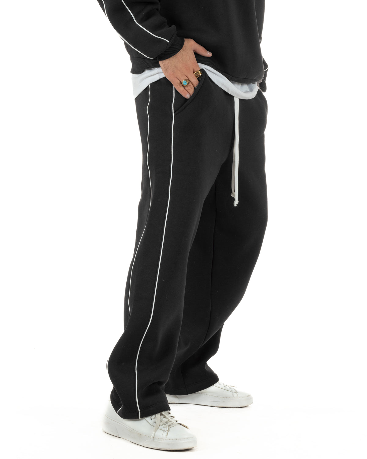 Coordinato tuta uomo oversize collo alto felpa mezza zip pantaloni wide leg nero GIOSAL-OU2581A