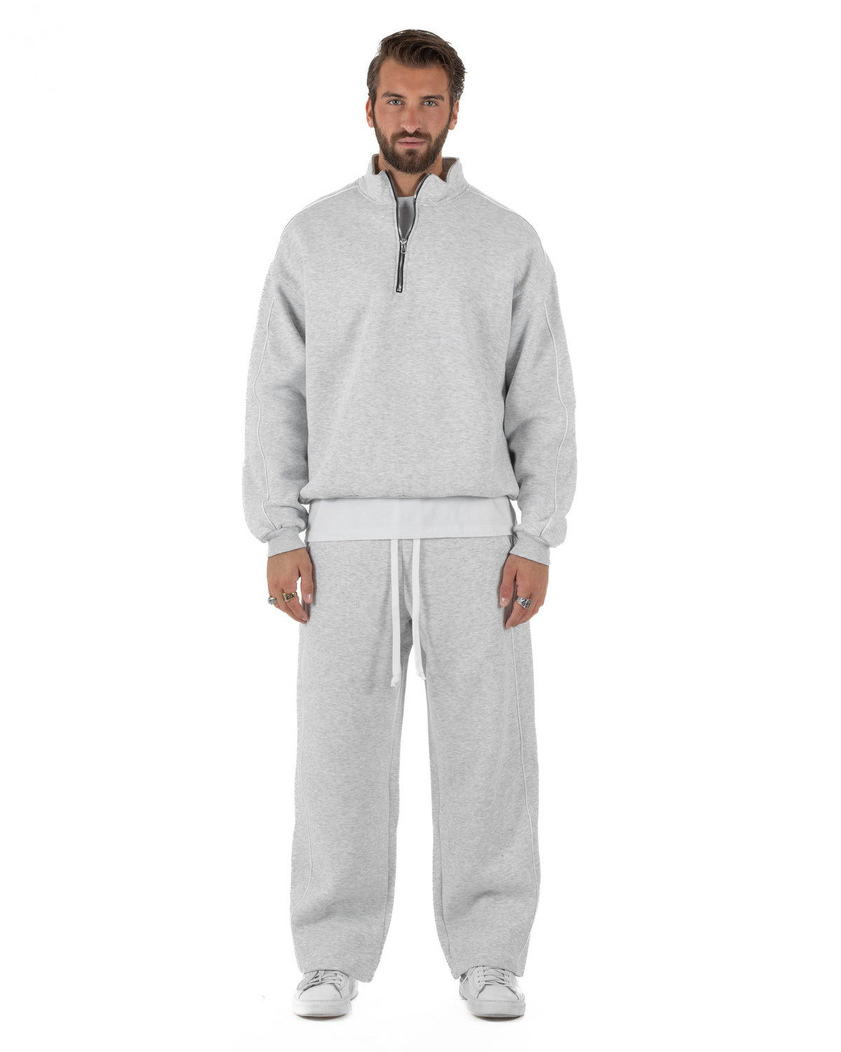 Coordinato tuta uomo oversize collo alto felpa mezza zip pantaloni wide leg grigio GIOSAL-OU2582A
