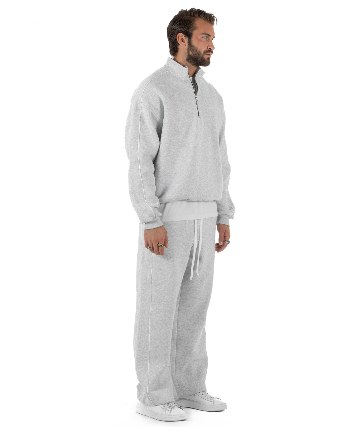 Coordinato tuta uomo oversize collo alto felpa mezza zip pantaloni wide leg grigio GIOSAL-OU2582A